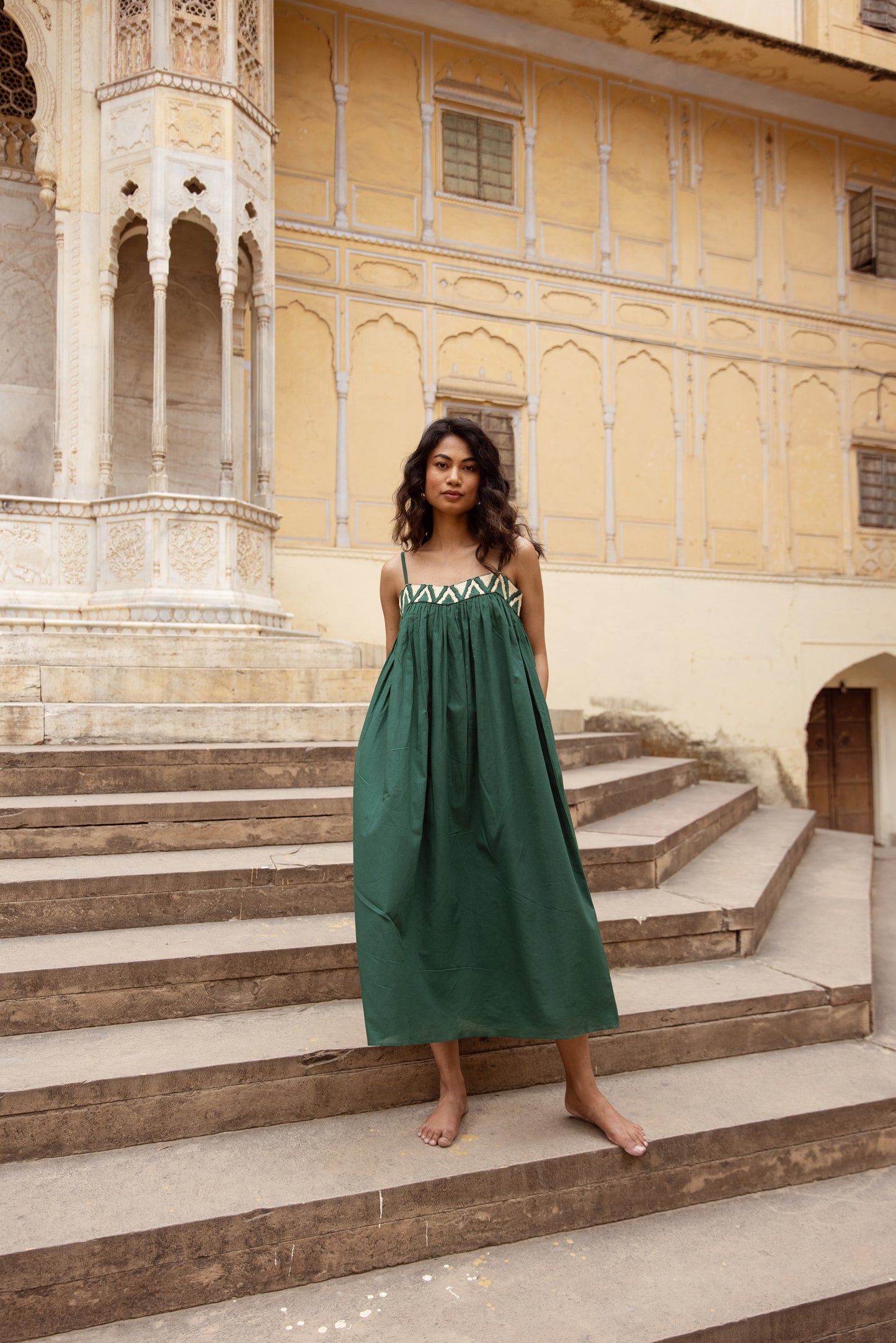 Embroidered Yoke Midi Thin Strap Dress- Green