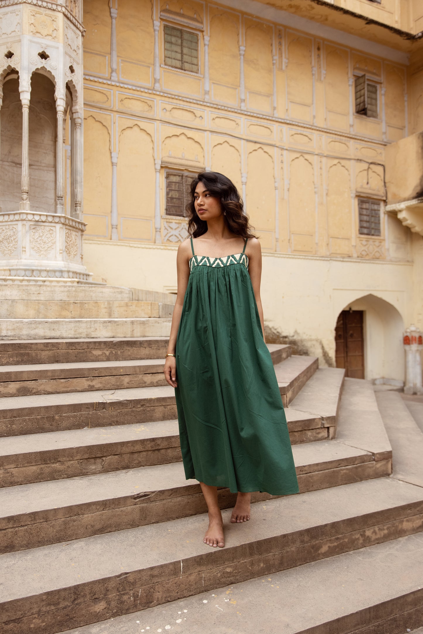 Embroidered Yoke Midi Thin Strap Dress- Green