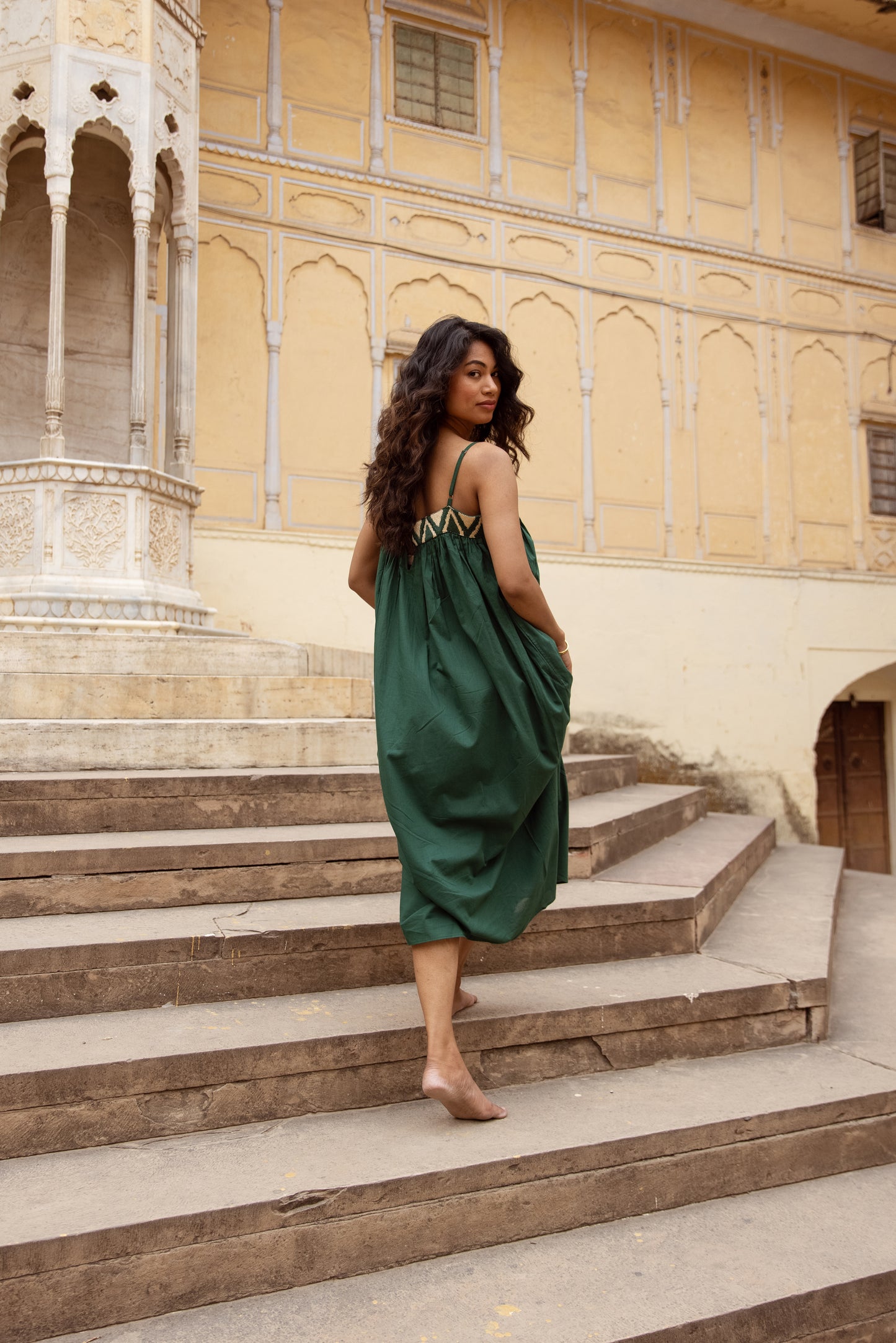 Embroidered Yoke Midi Thin Strap Dress- Green