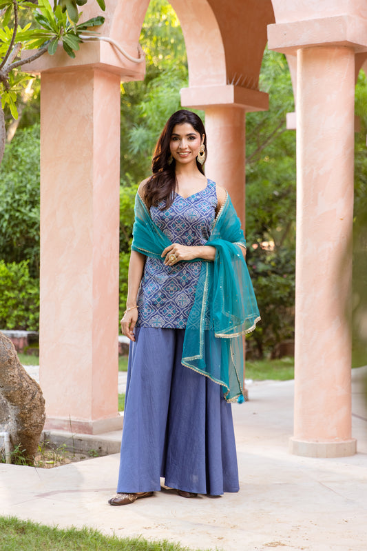 Neel Sleeveless - Printed Sharara Set (Blue)