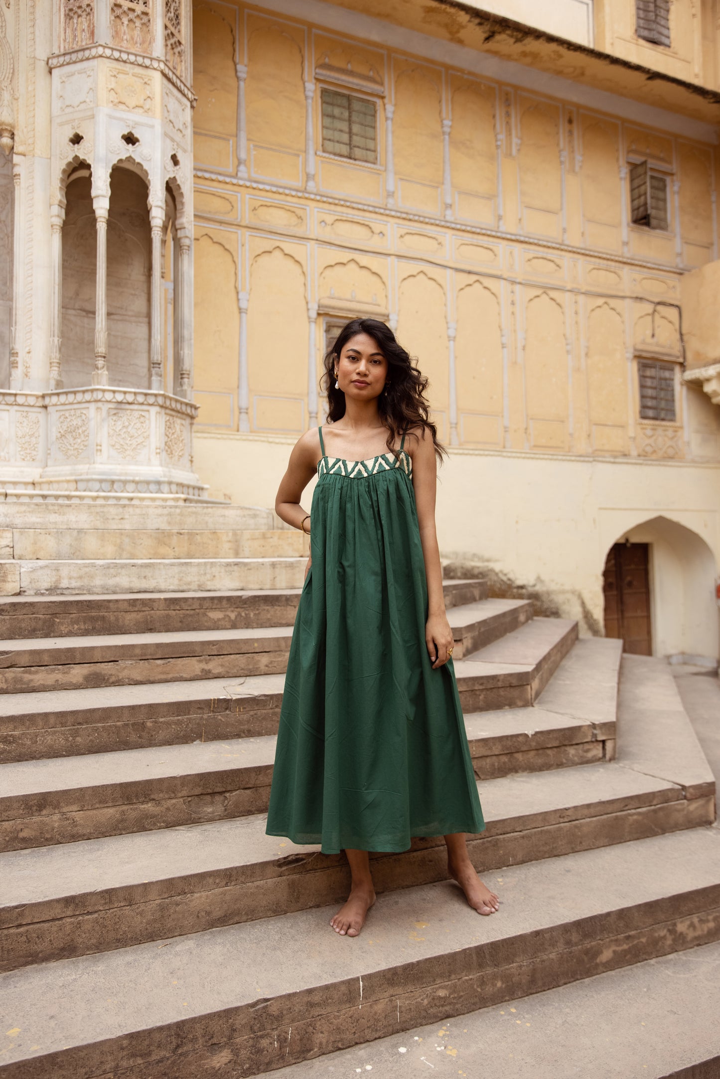 Embroidered Yoke Midi Thin Strap Dress- Green
