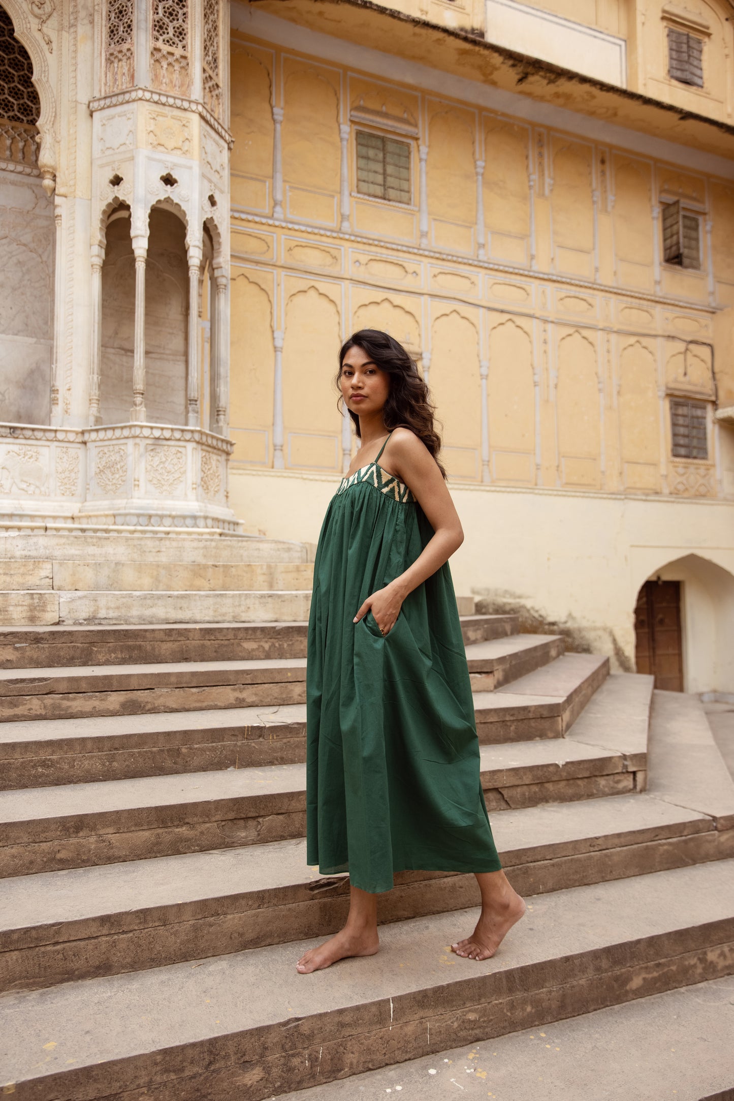 Embroidered Yoke Midi Thin Strap Dress- Green