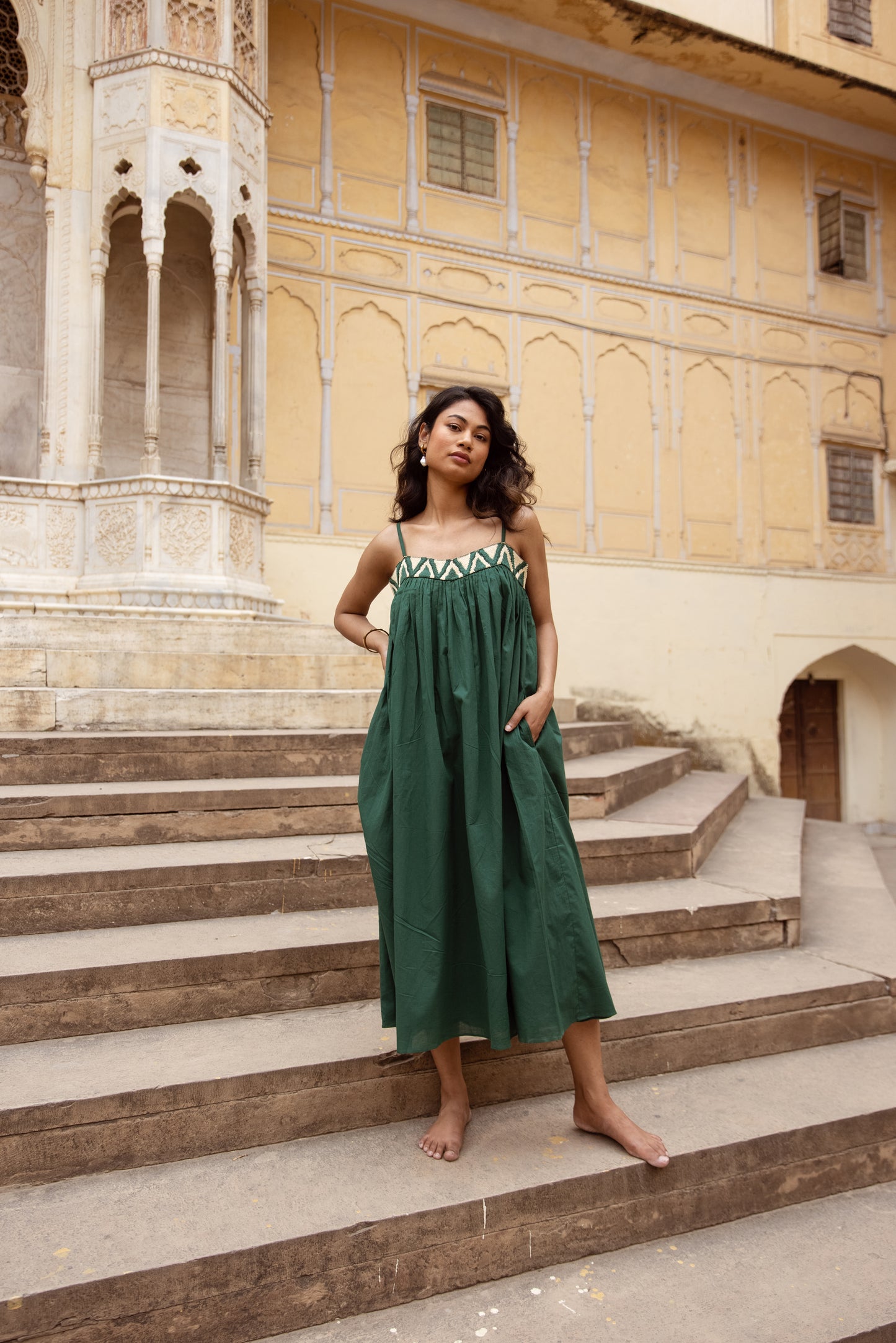 Embroidered Yoke Midi Thin Strap Dress- Green