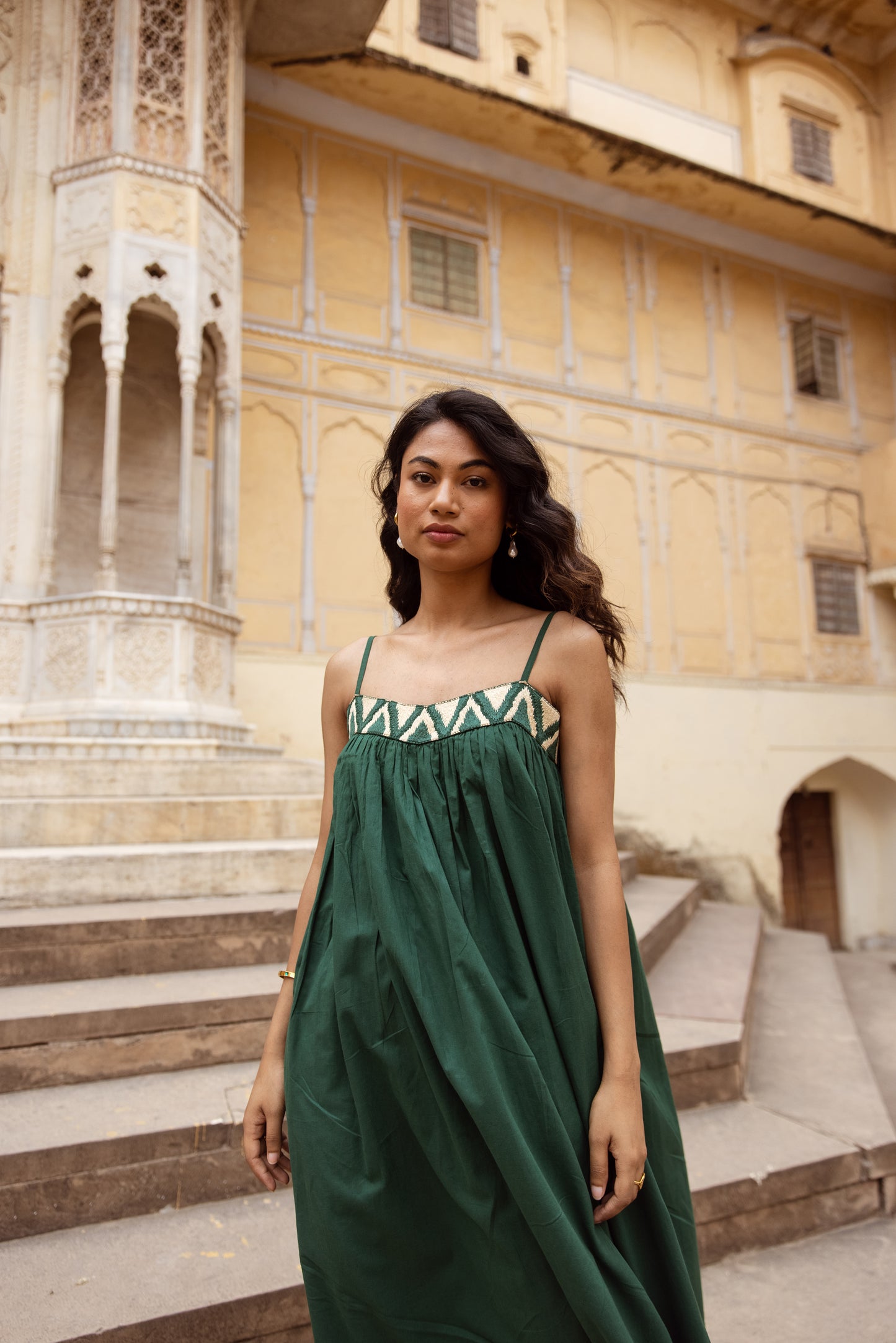 Embroidered Yoke Midi Thin Strap Dress- Green