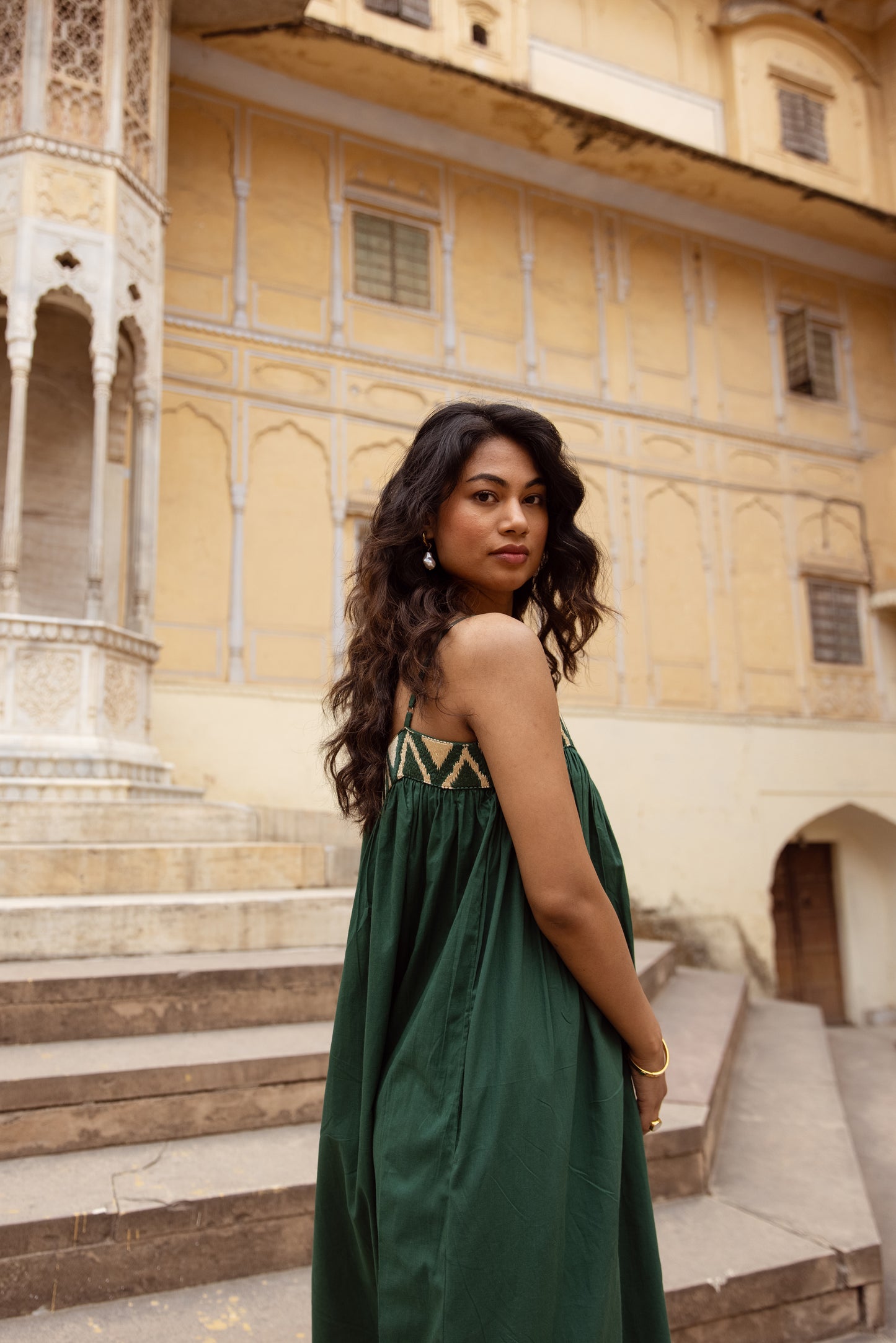 Embroidered Yoke Midi Thin Strap Dress- Green