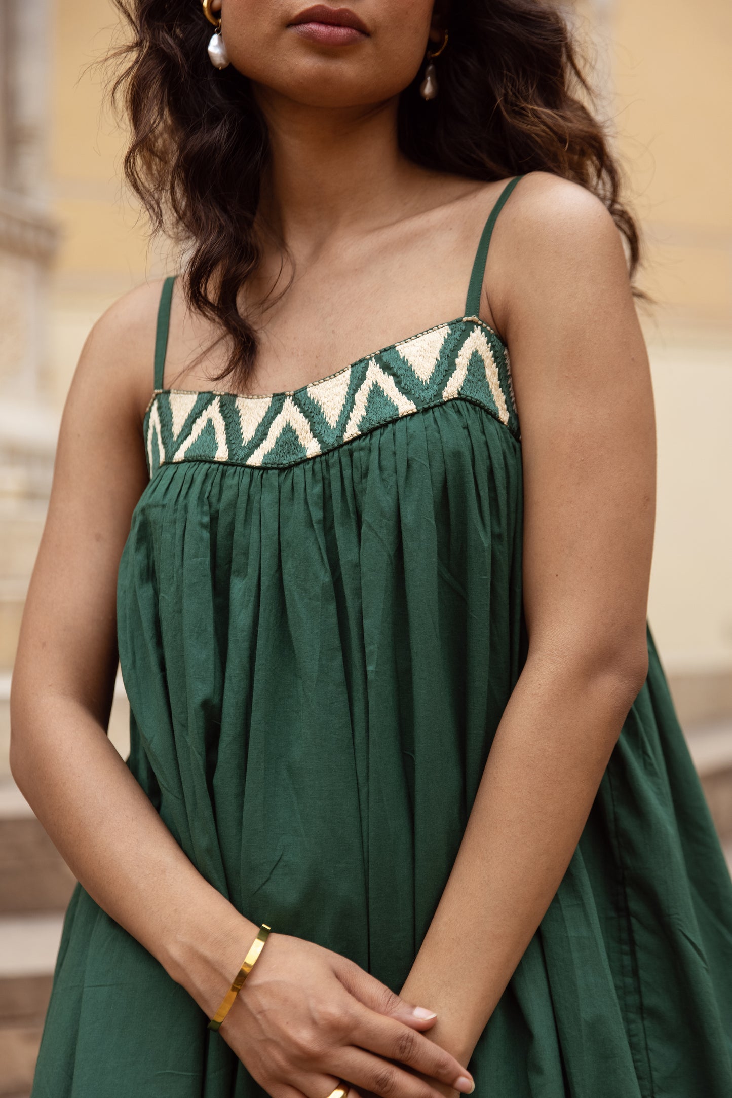 Embroidered Yoke Midi Thin Strap Dress- Green