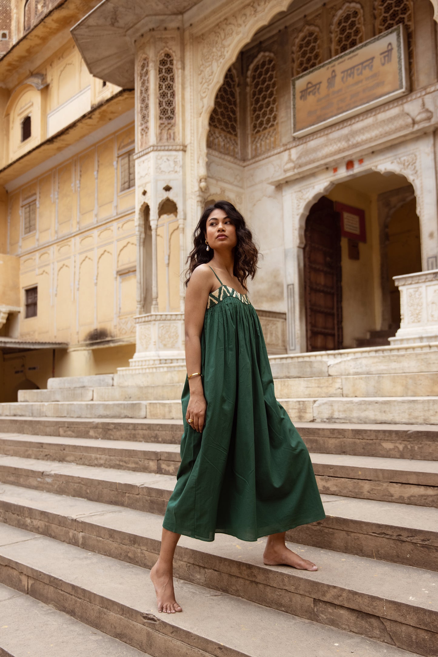 Embroidered Yoke Midi Thin Strap Dress- Green