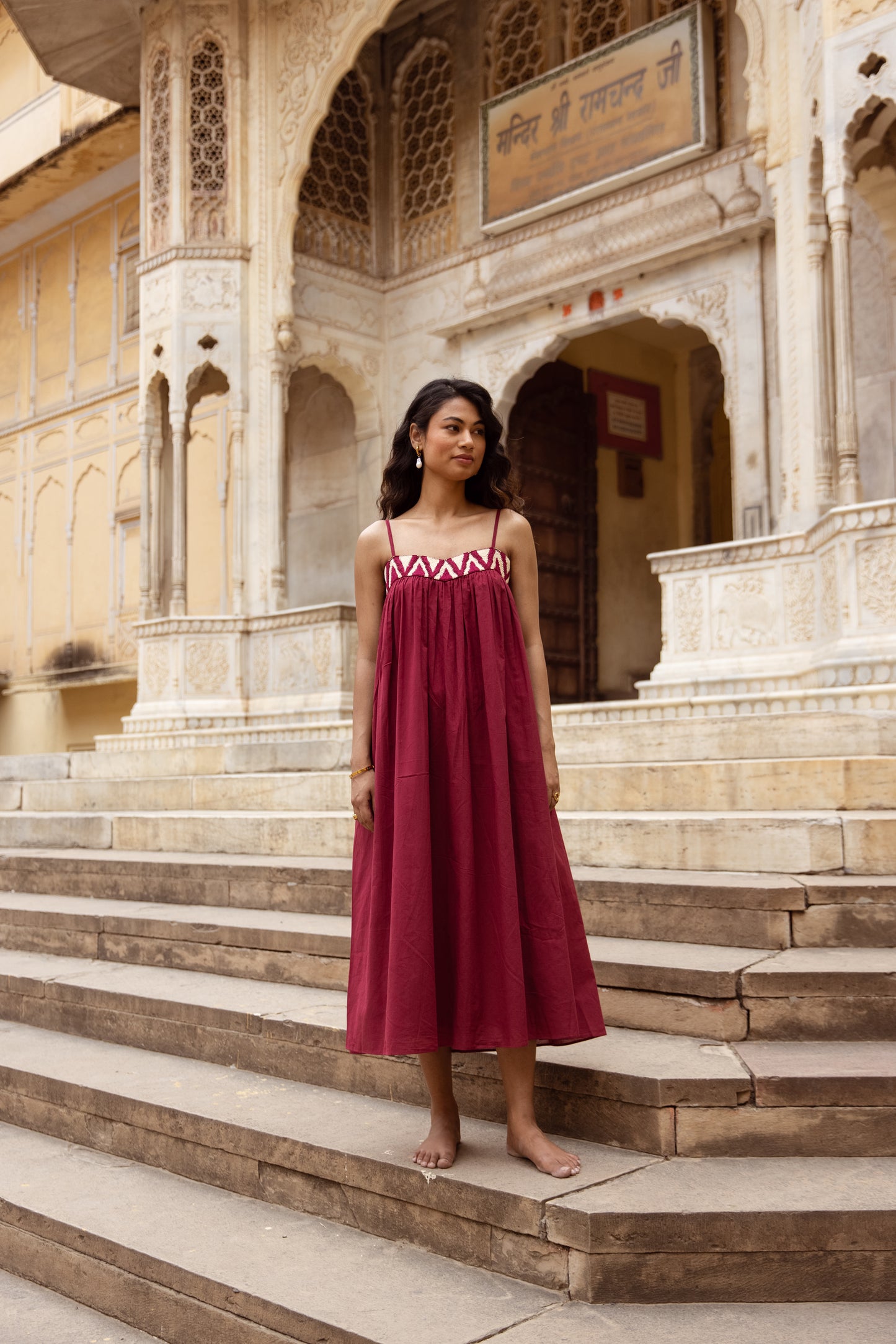 Embroidered Yoke Midi Thin Strap Dress- Pink