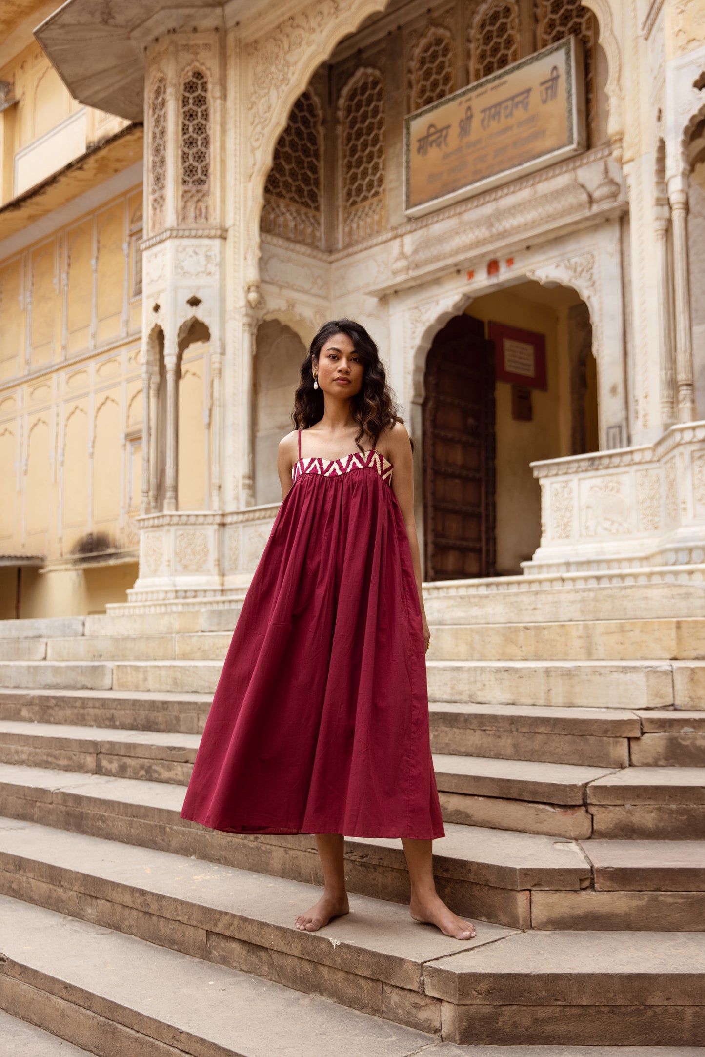 Embroidered Yoke Midi Thin Strap Dress- Pink