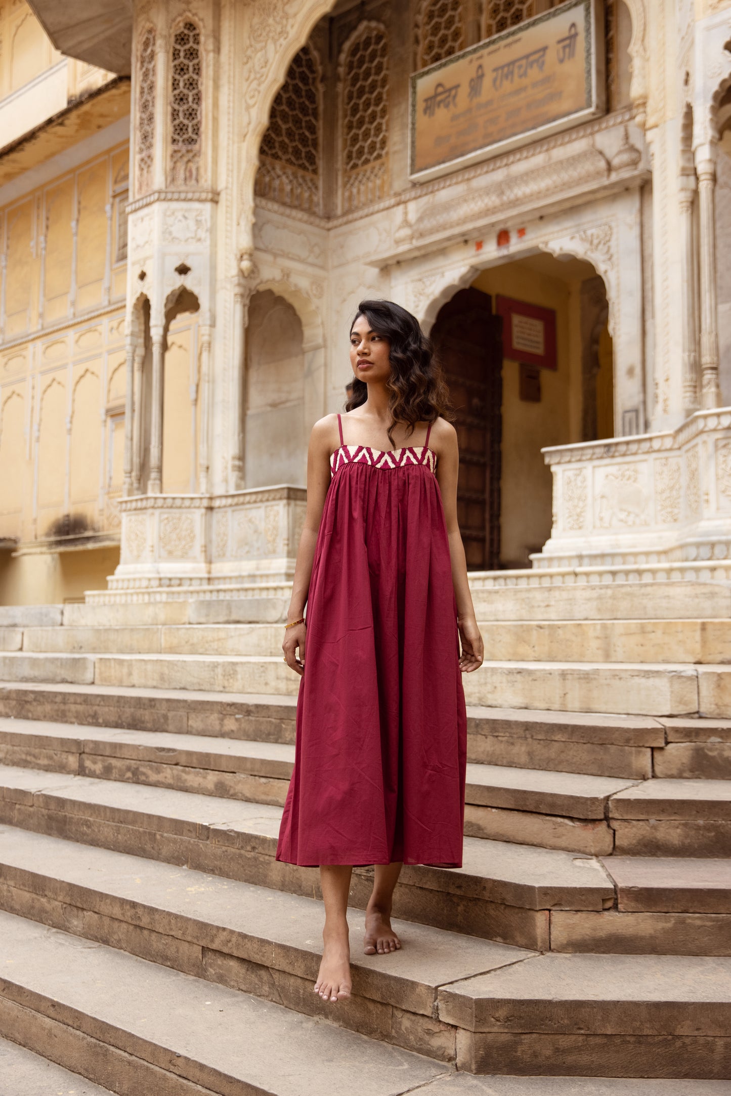 Embroidered Yoke Midi Thin Strap Dress- Pink