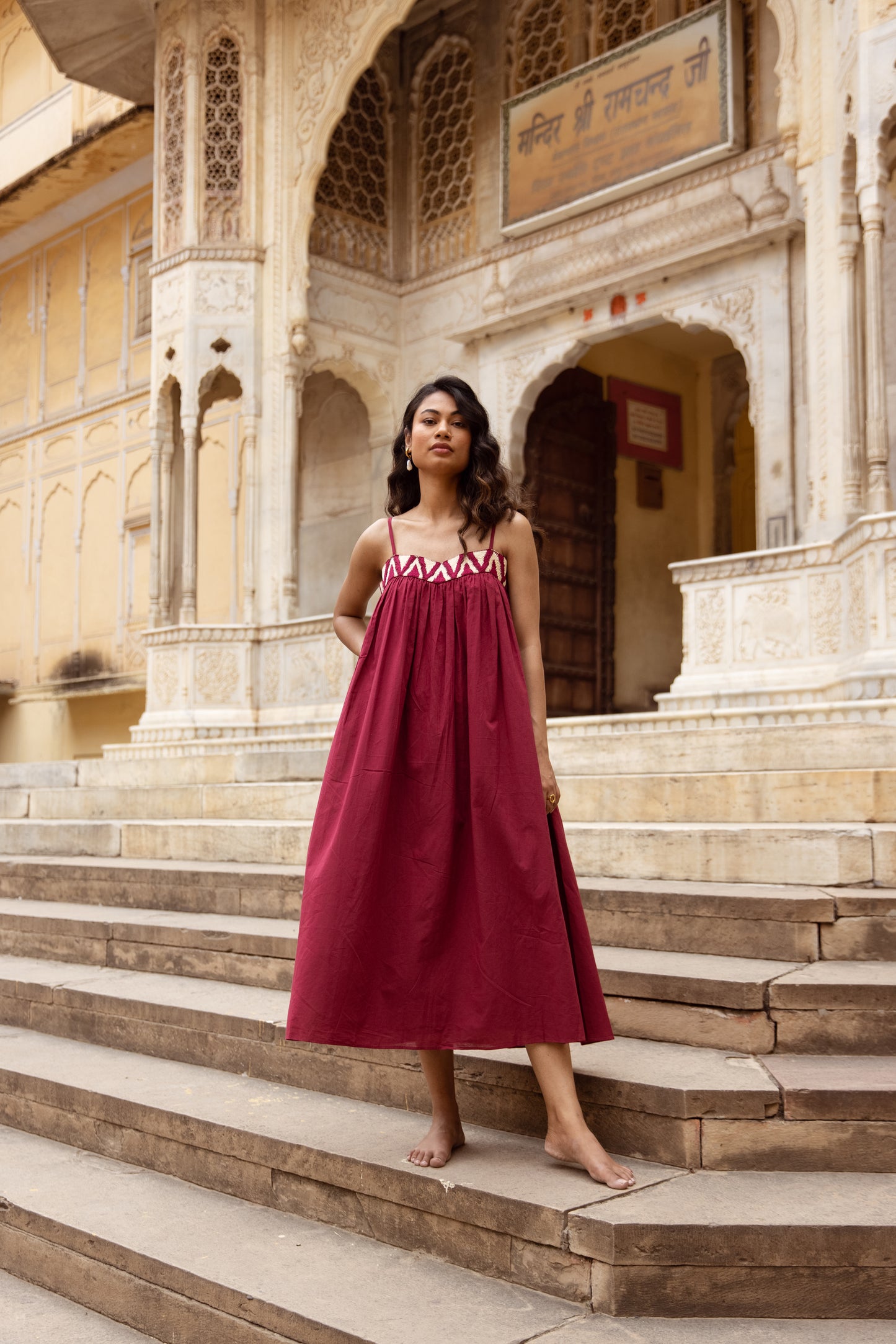 Embroidered Yoke Midi Thin Strap Dress- Pink
