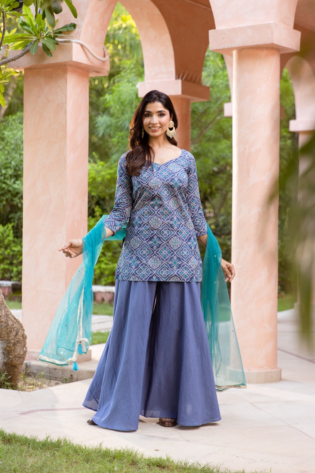 Neel Sleeved - Printed Sharara Set (Blue)