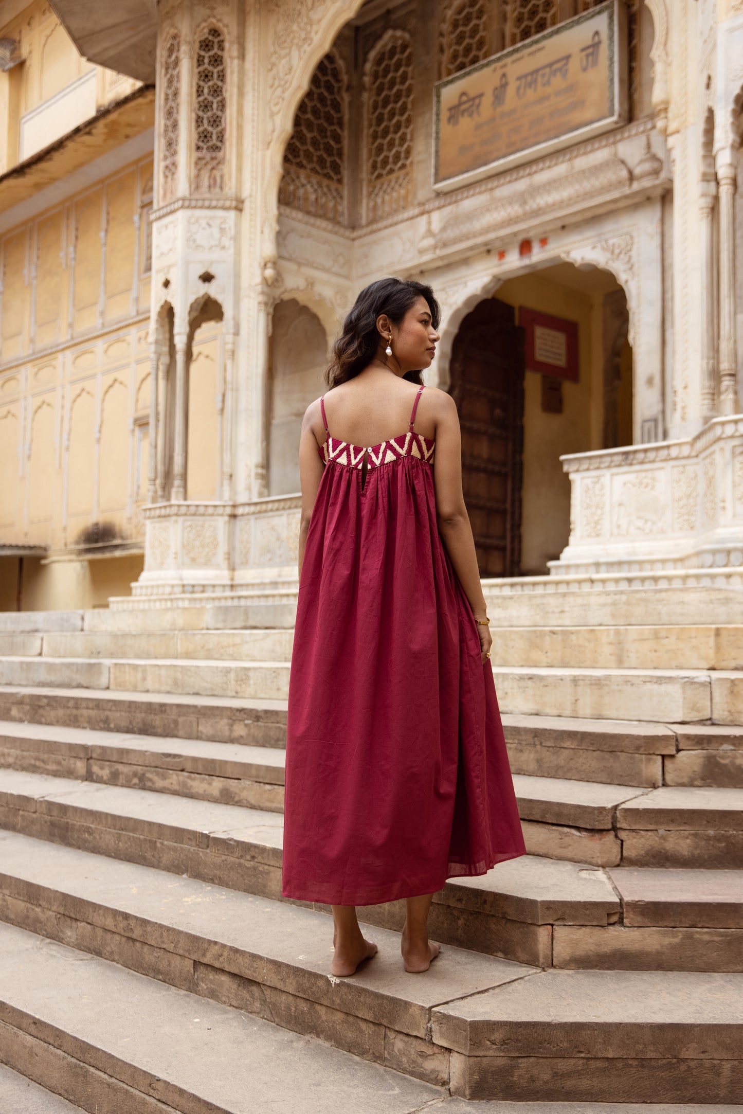 Embroidered Yoke Midi Thin Strap Dress- Pink