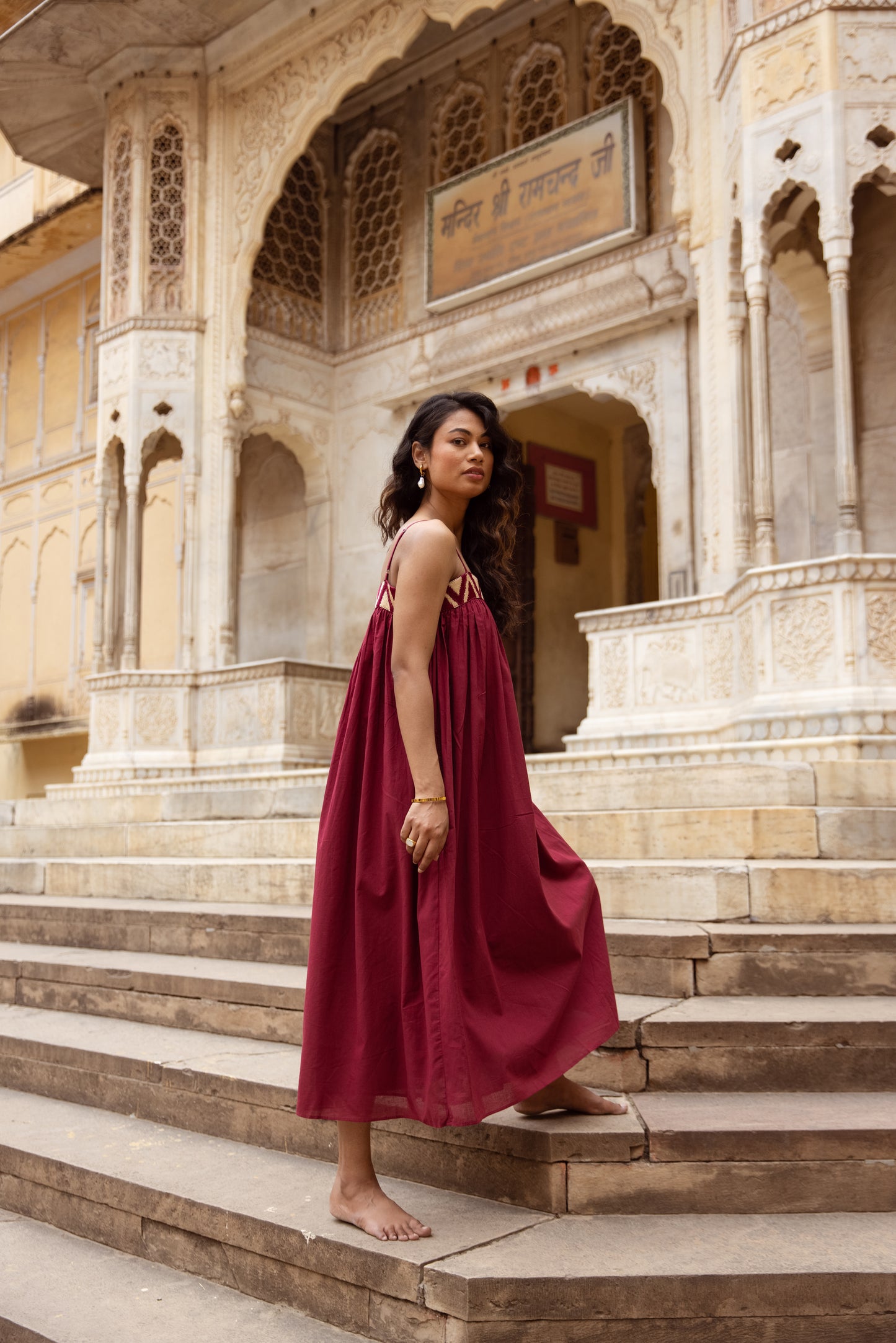 Embroidered Yoke Midi Thin Strap Dress- Pink