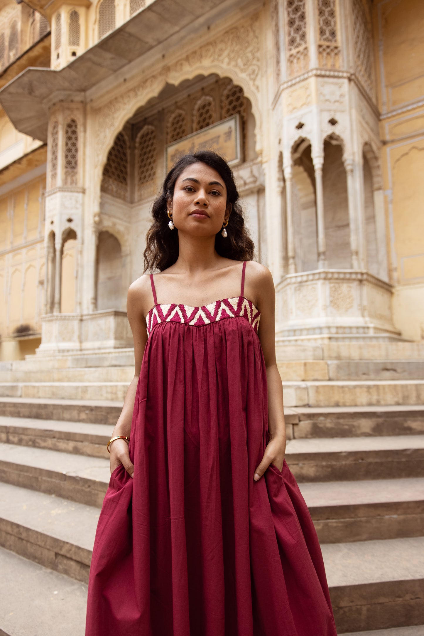 Embroidered Yoke Midi Thin Strap Dress- Pink