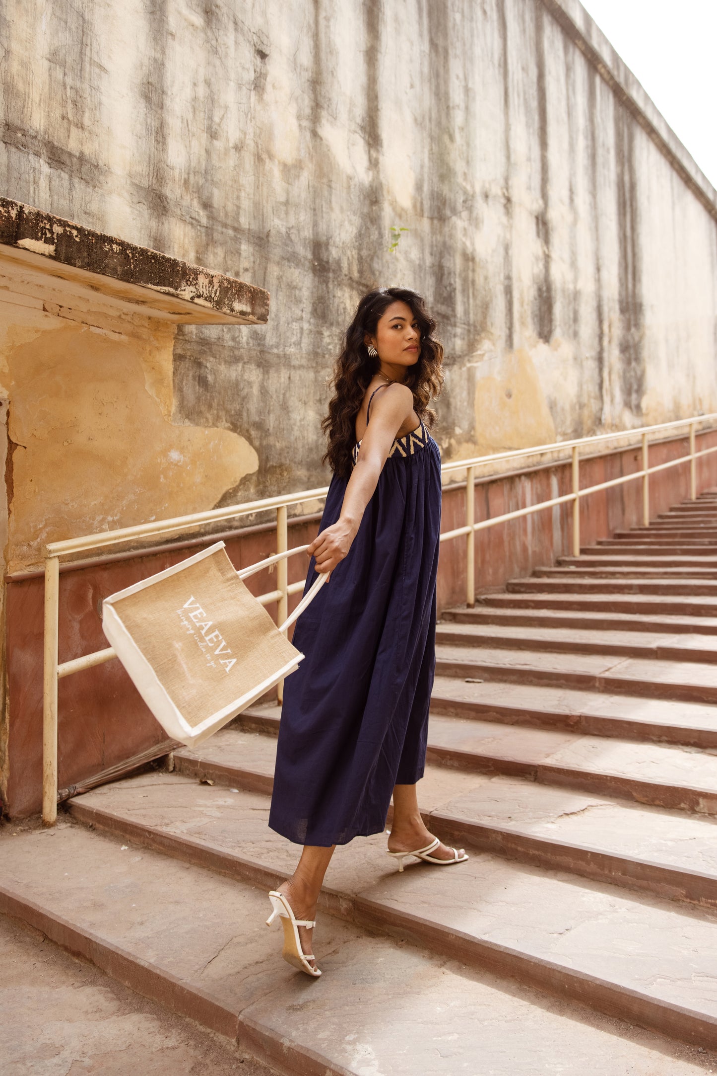 Embroidered Yoke Midi Thin Strap Dress- Blue