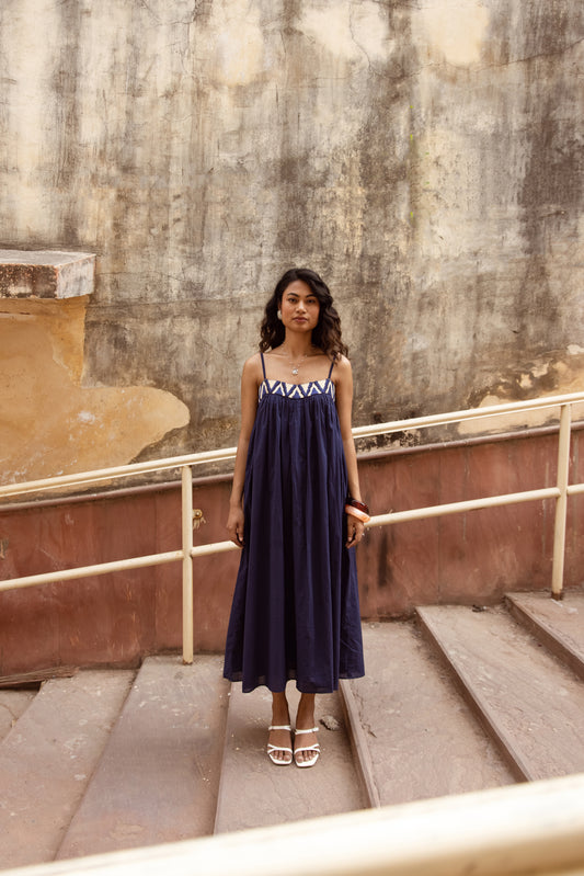 Embroidered Yoke Midi Thin Strap Dress- Blue