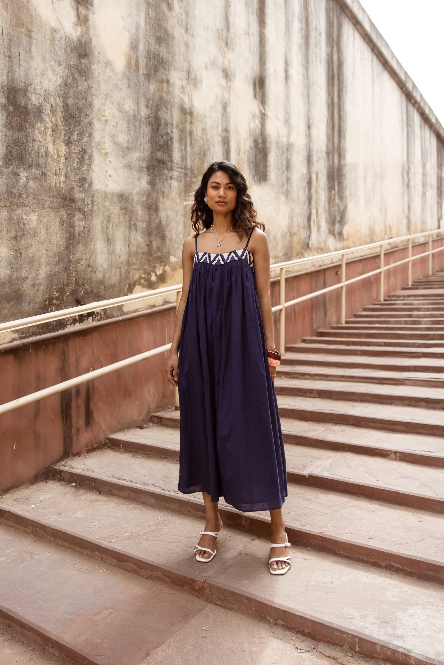Embroidered Yoke Midi Thin Strap Dress- Blue