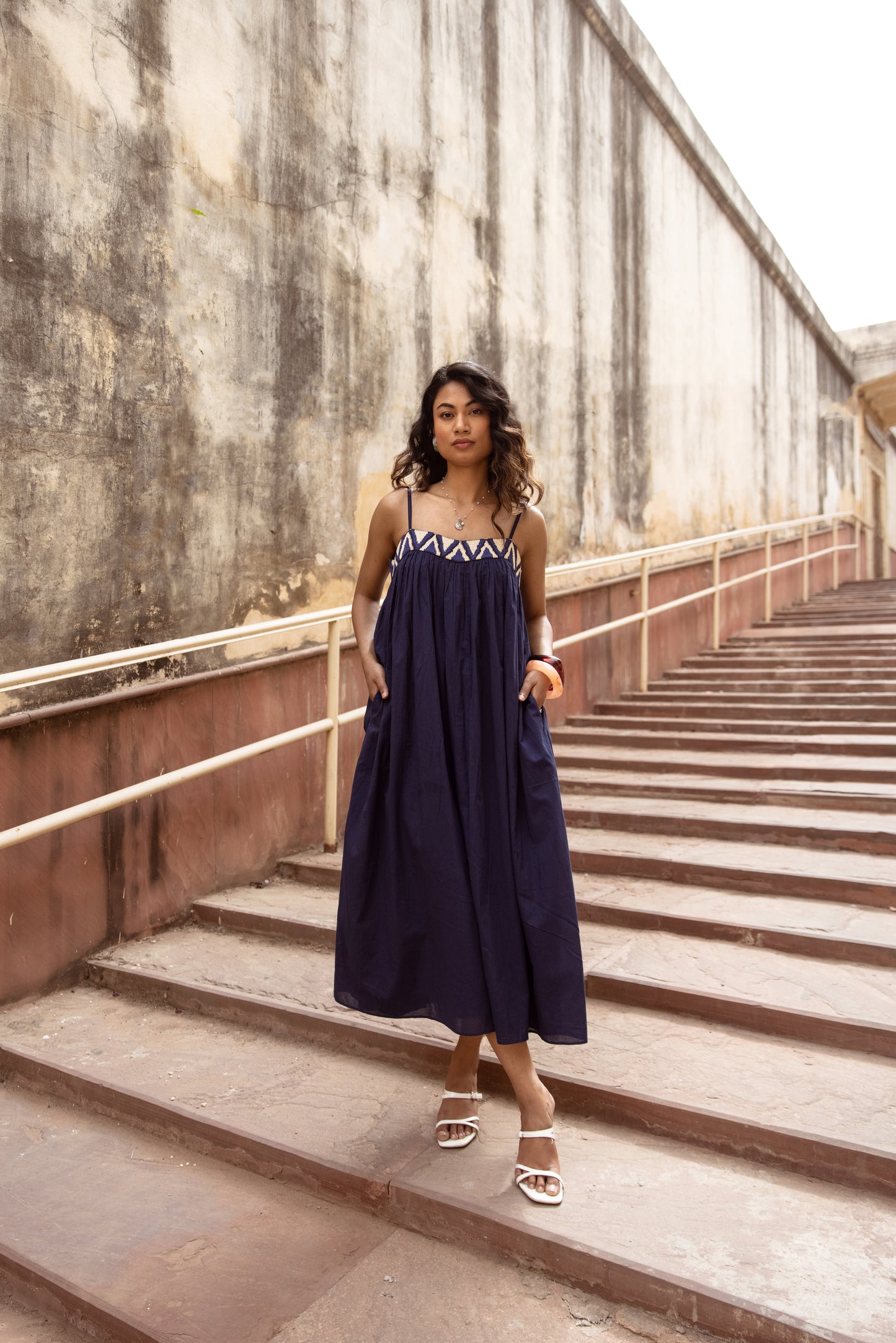 Embroidered Yoke Midi Thin Strap Dress- Blue