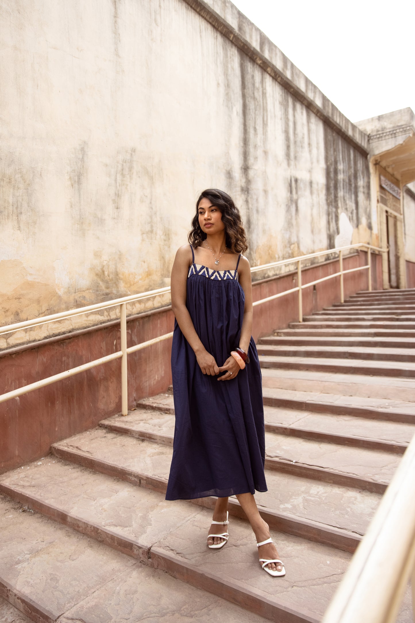 Embroidered Yoke Midi Thin Strap Dress- Blue