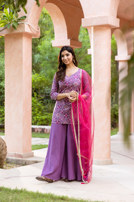 Jamun Sleeved - Printed Sharara Set (Purple)