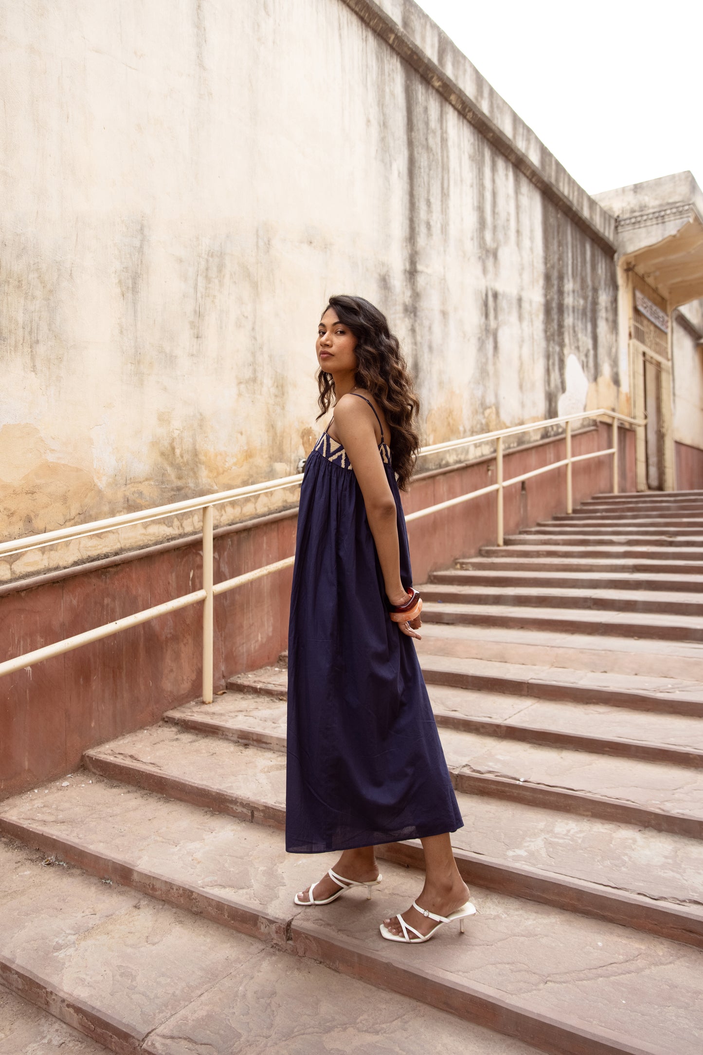 Embroidered Yoke Midi Thin Strap Dress- Blue