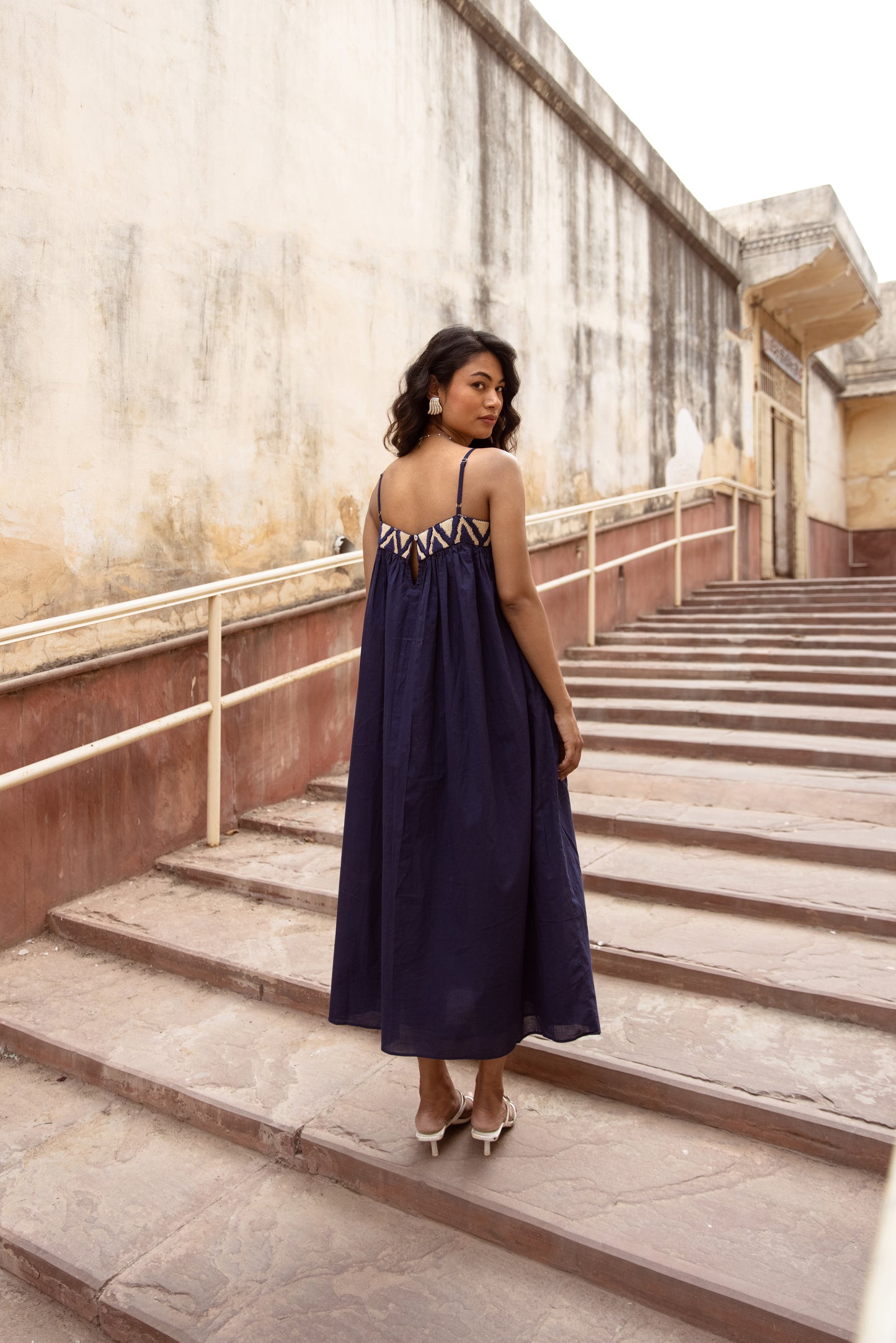 Embroidered Yoke Midi Thin Strap Dress- Blue