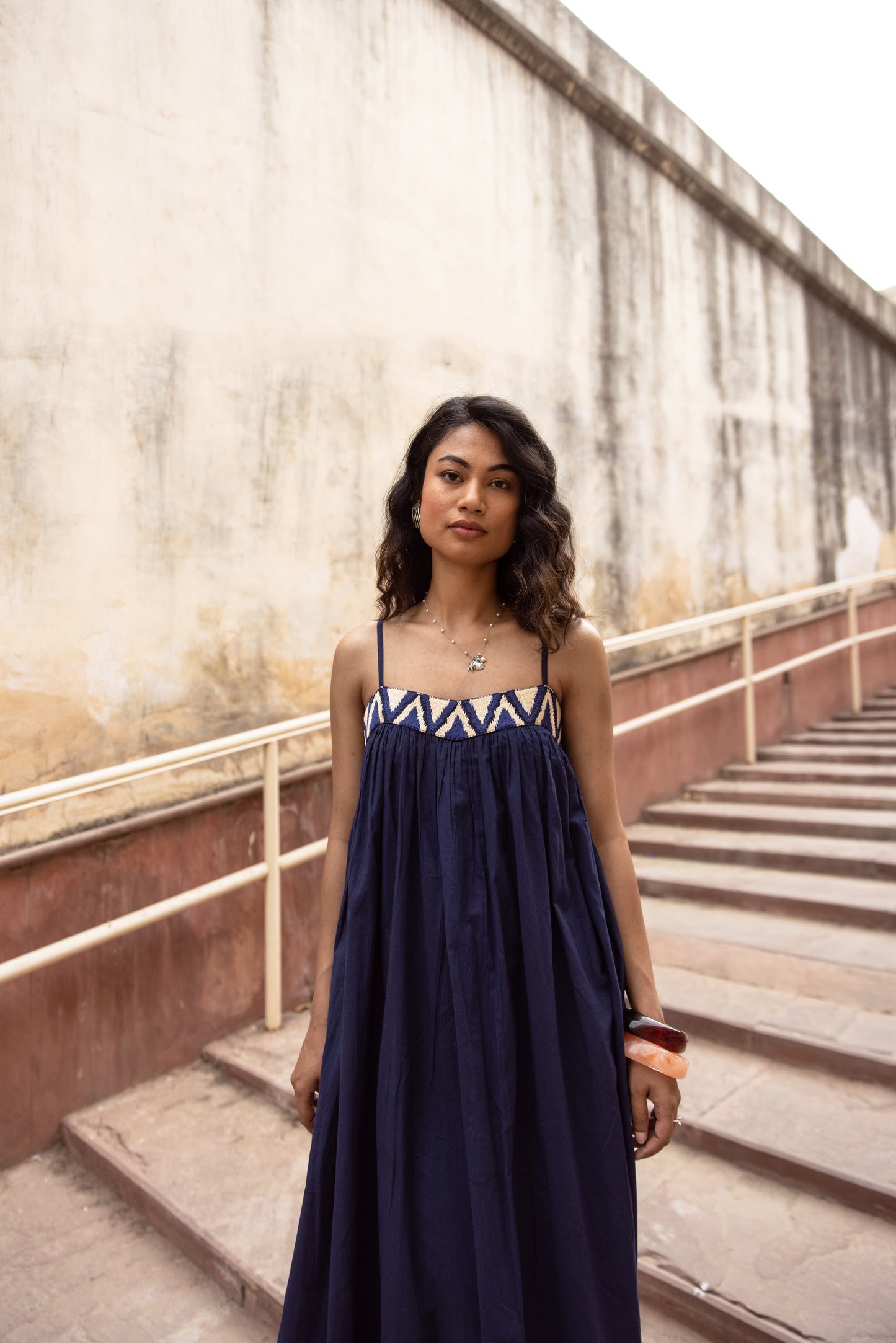 Embroidered Yoke Midi Thin Strap Dress- Blue