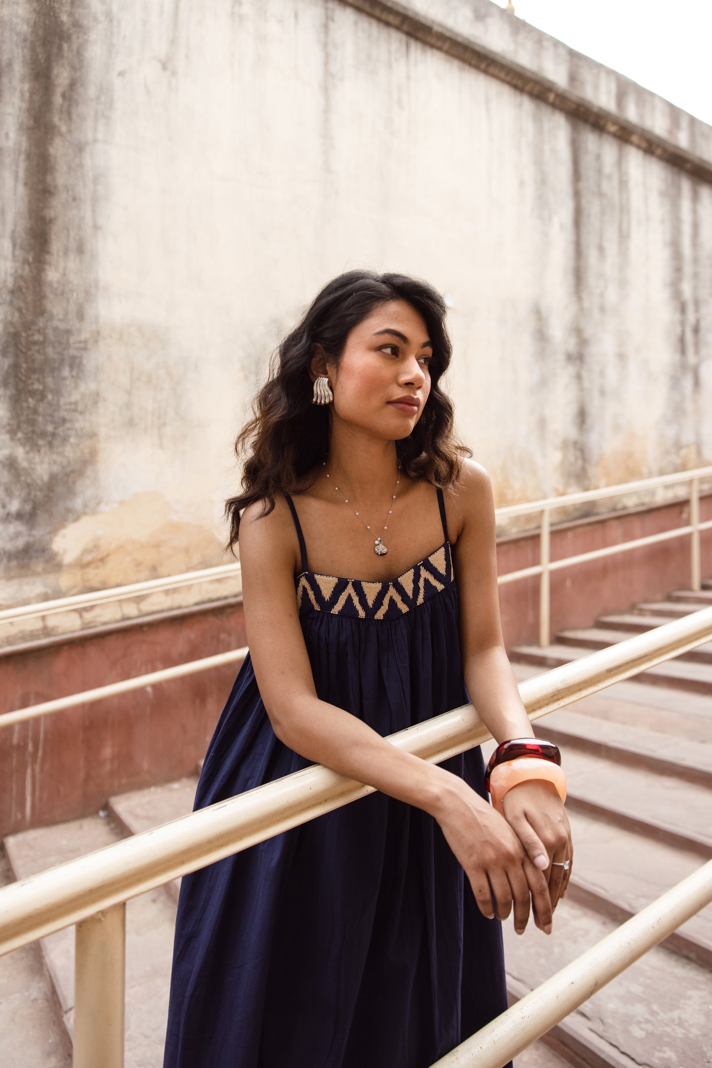 Embroidered Yoke Midi Thin Strap Dress- Blue