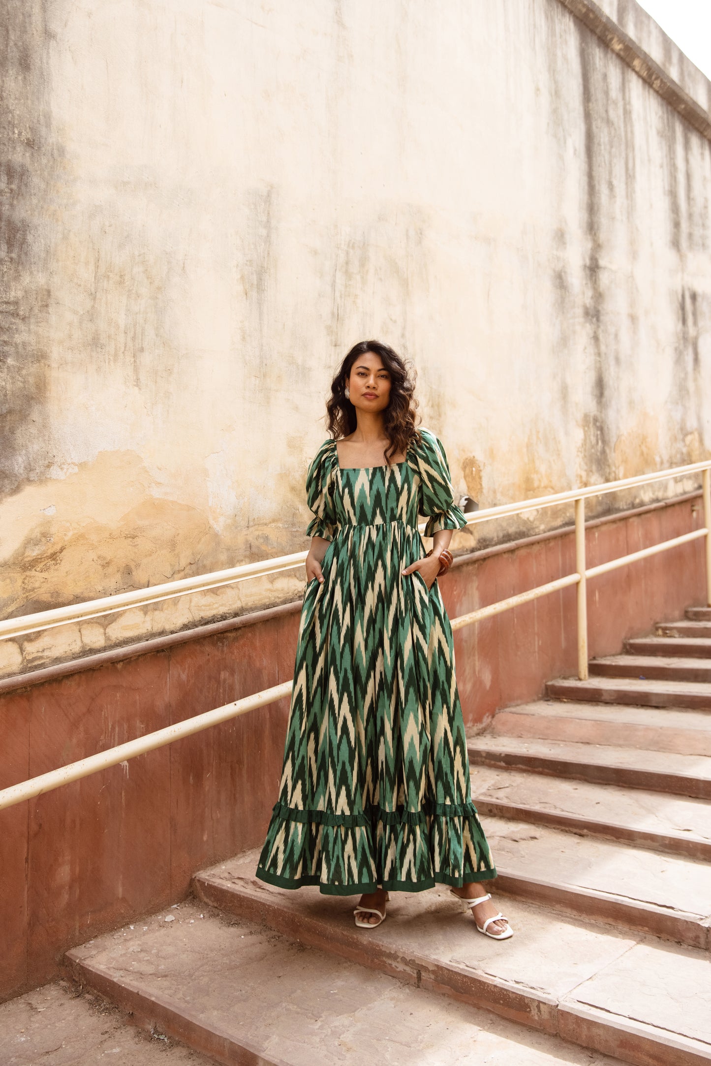 The Jaipur Zig Dress- Green Sleeved
