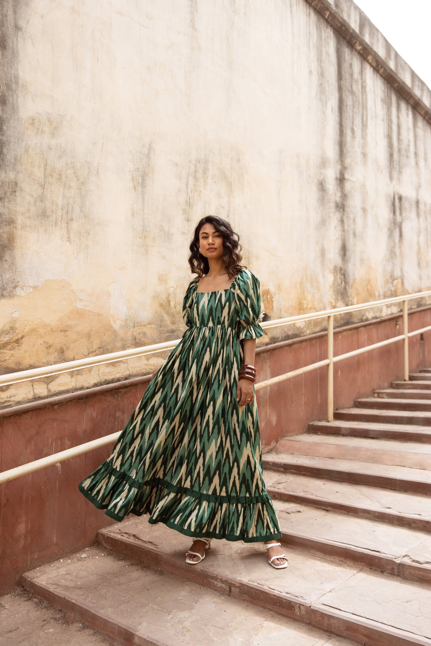 The Jaipur Zig Dress- Green Sleeved