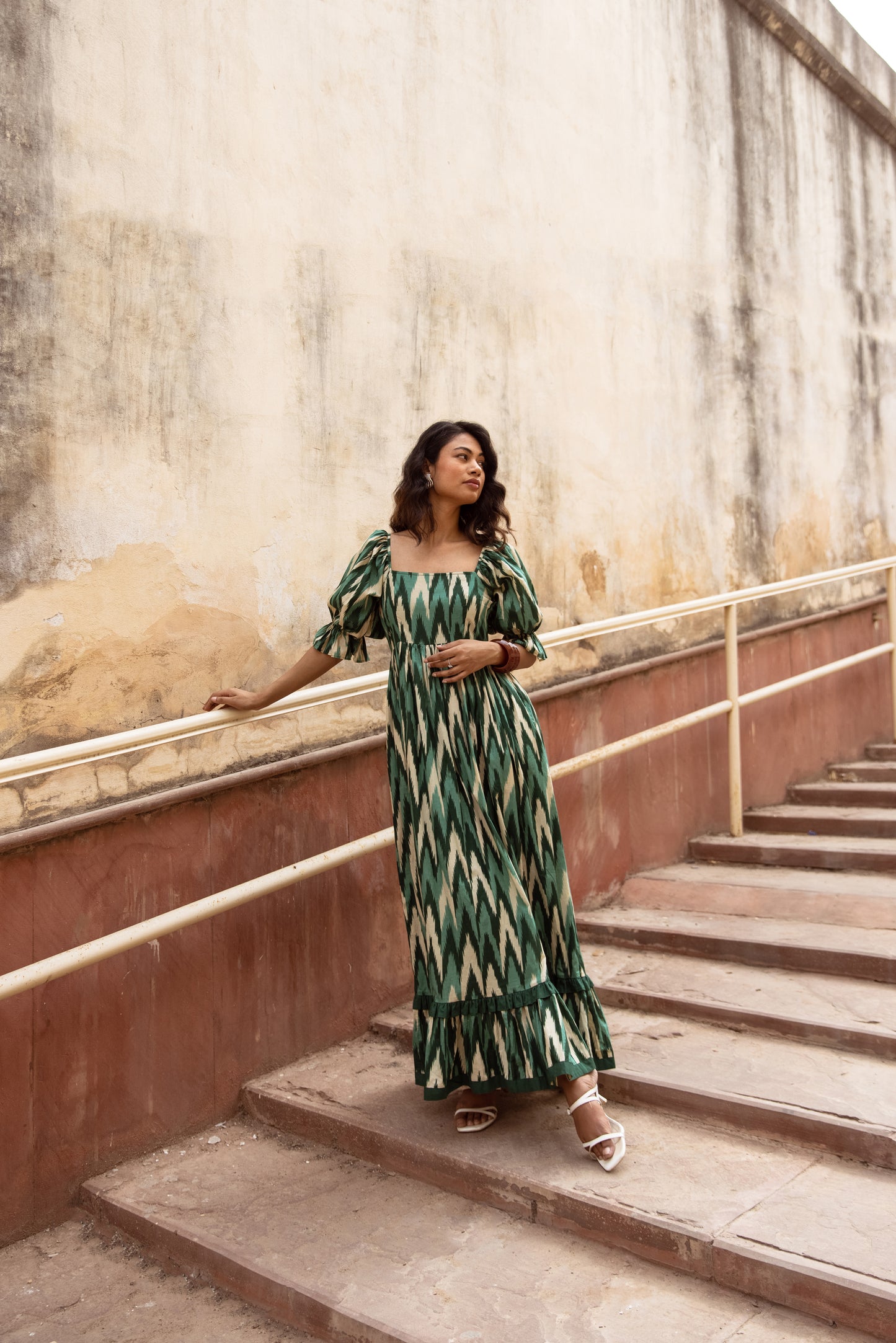 The Jaipur Zig Dress- Green Sleeved