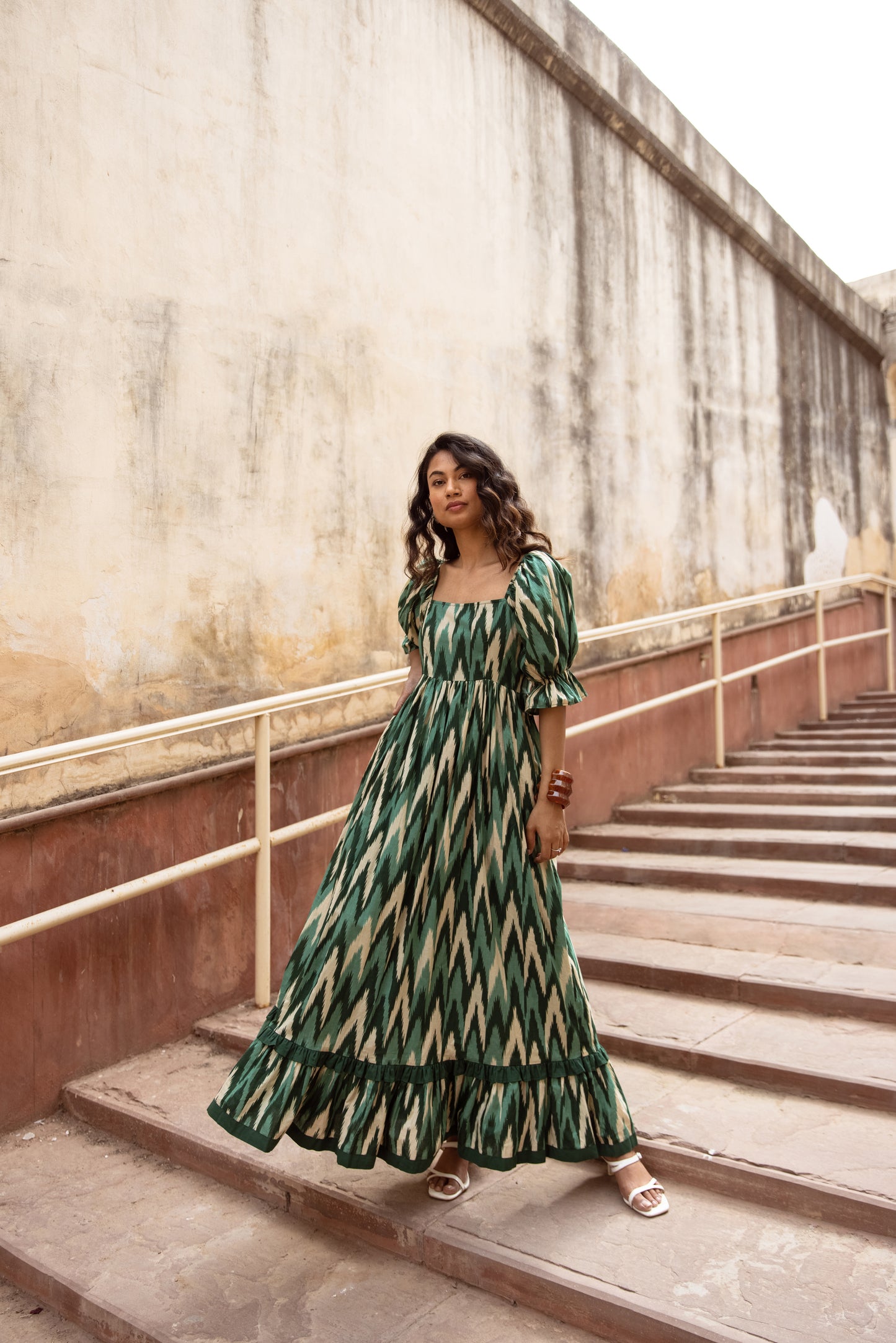 The Jaipur Zig Dress- Green Sleeved