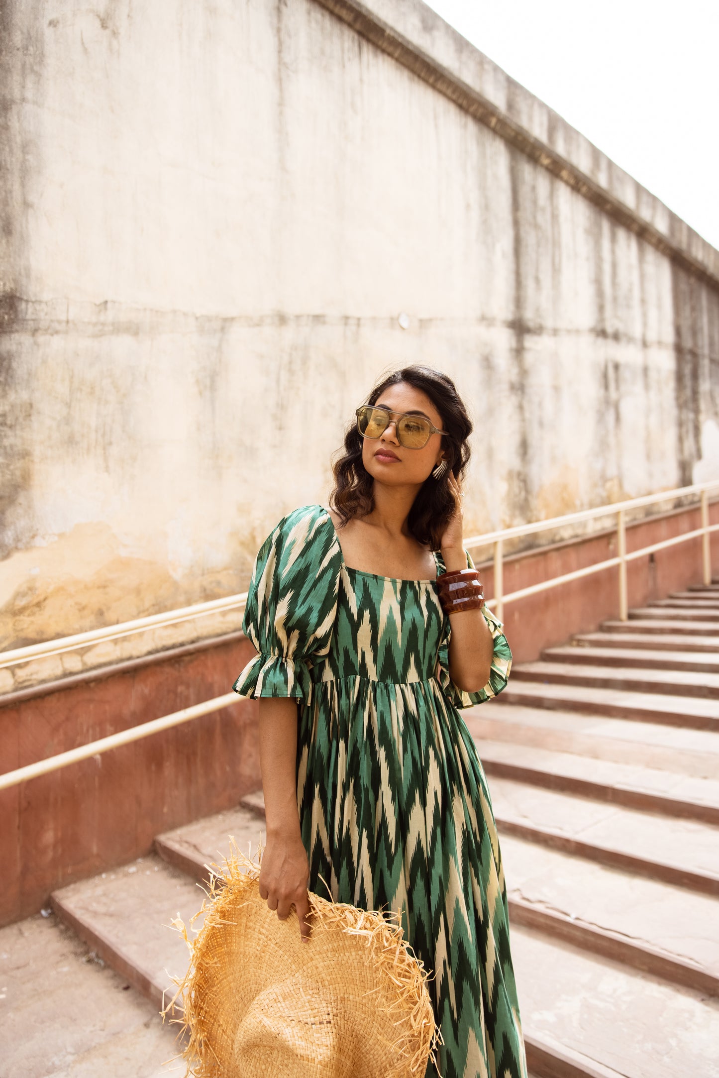 The Jaipur Zig Dress- Green Sleeved