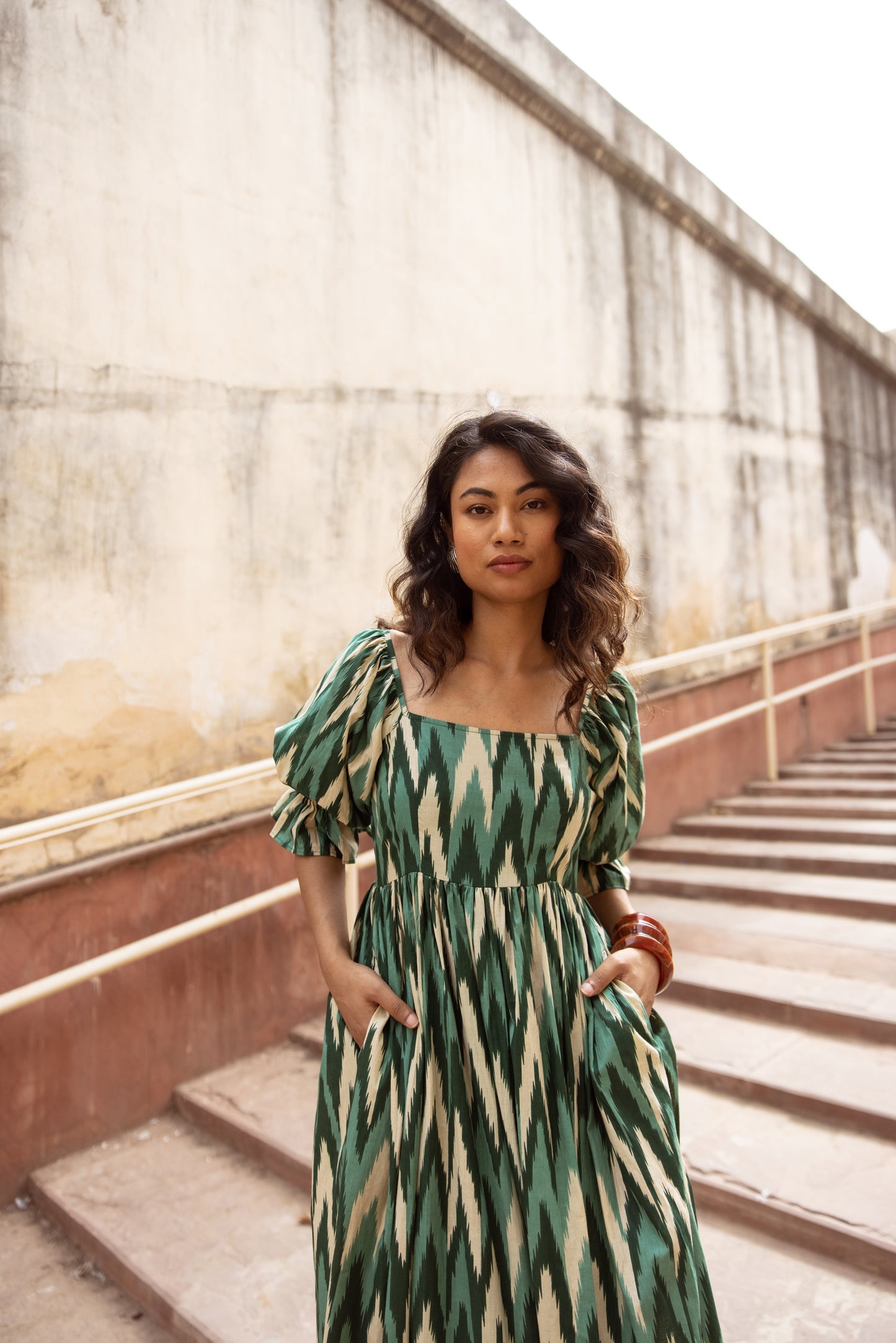 The Jaipur Zig Dress- Green Sleeved