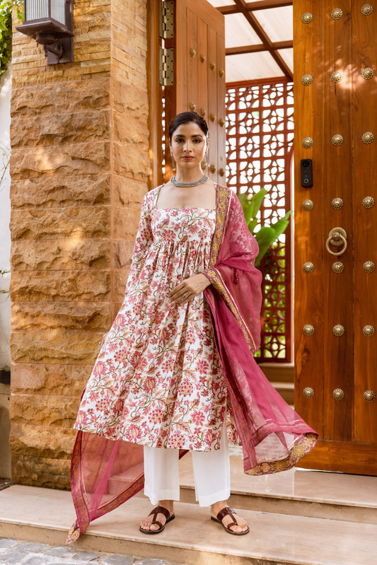 Ivory Lotus Printed Nyra Cut Suit