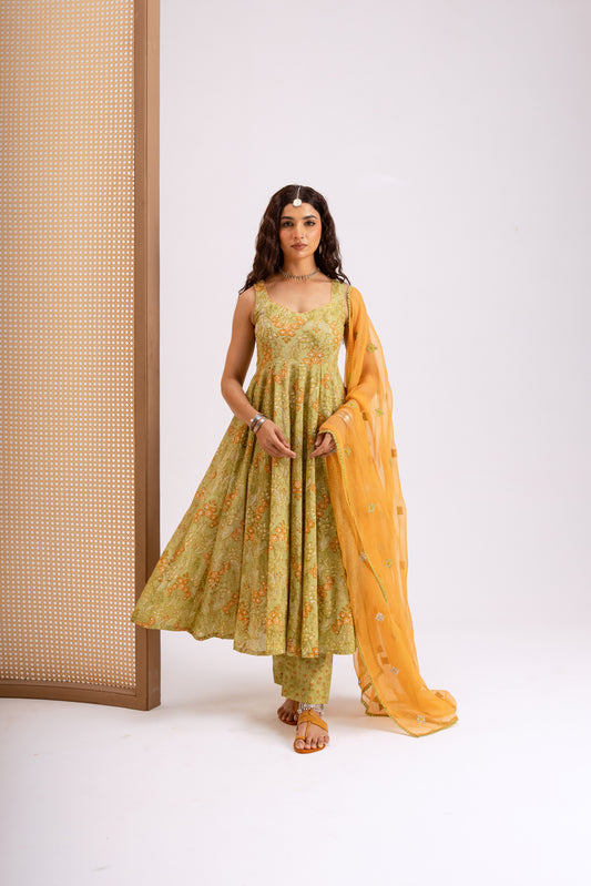 Apple Green X Orange Jaal - Sleeveless
