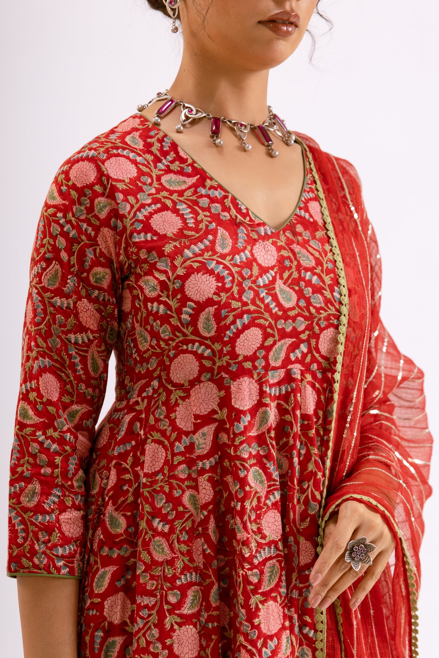 Sindoor Red Jaal - Sleeved