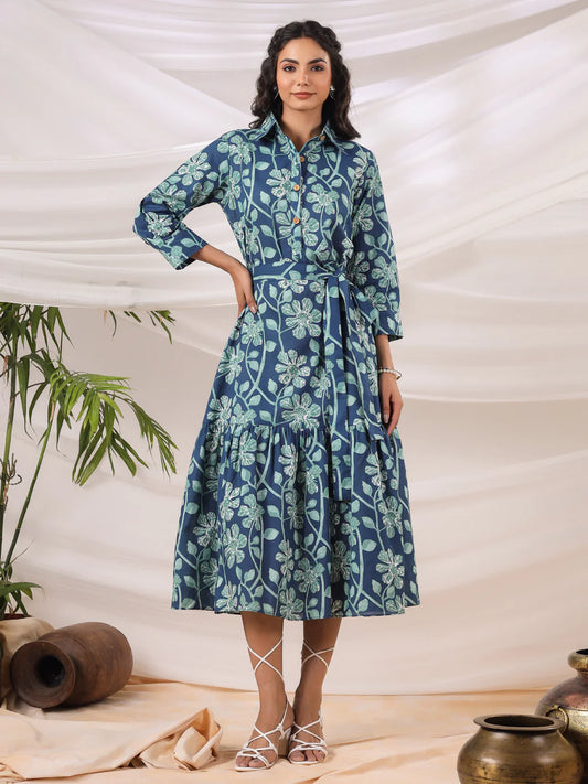 Teal Printed Collared Dress with Pockets