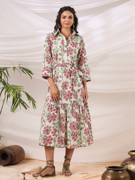 White Printed Collared Dress with Pockets