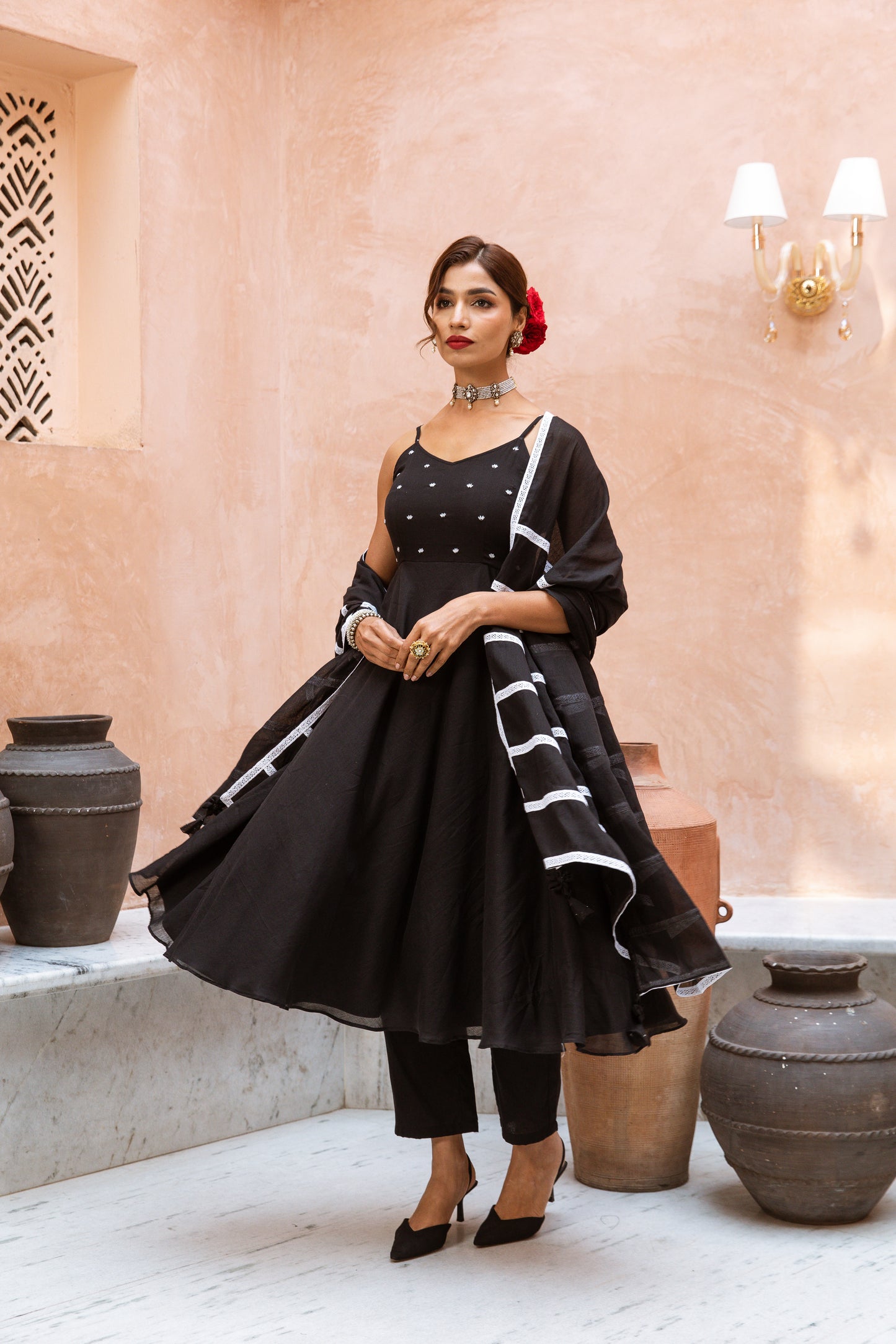 Thin Strap Anarkali Black