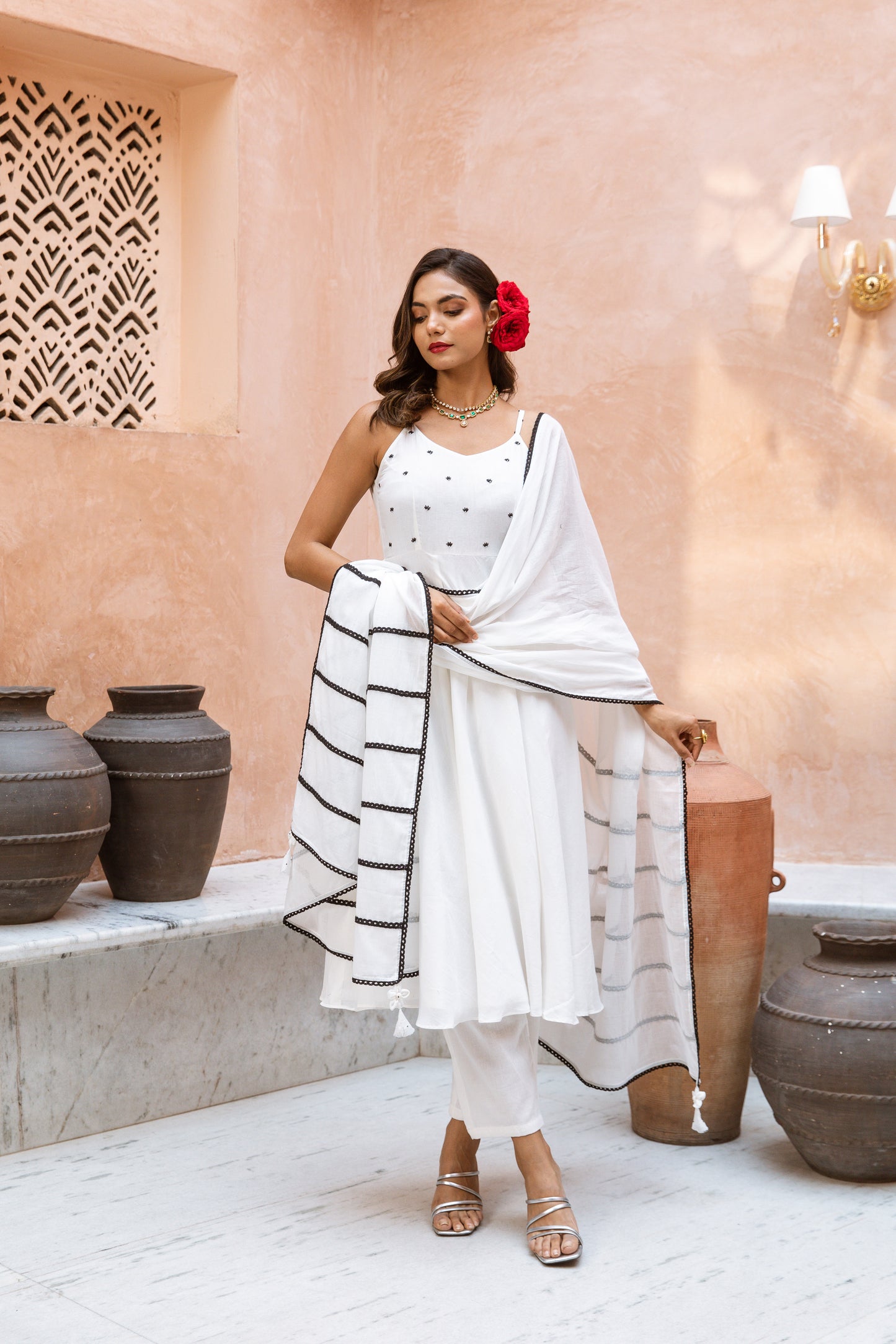 Thin Strap Anarkali White