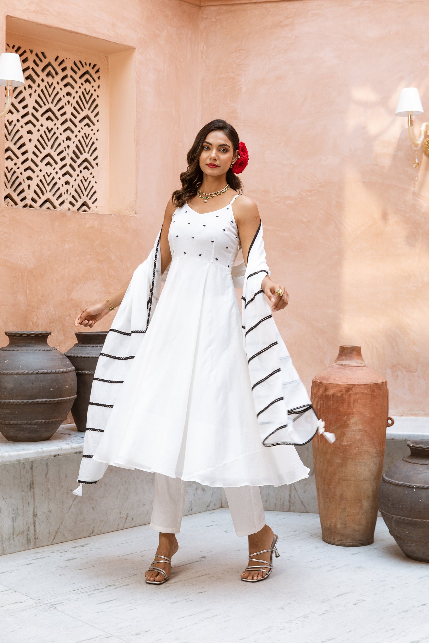 Thin Strap Anarkali White
