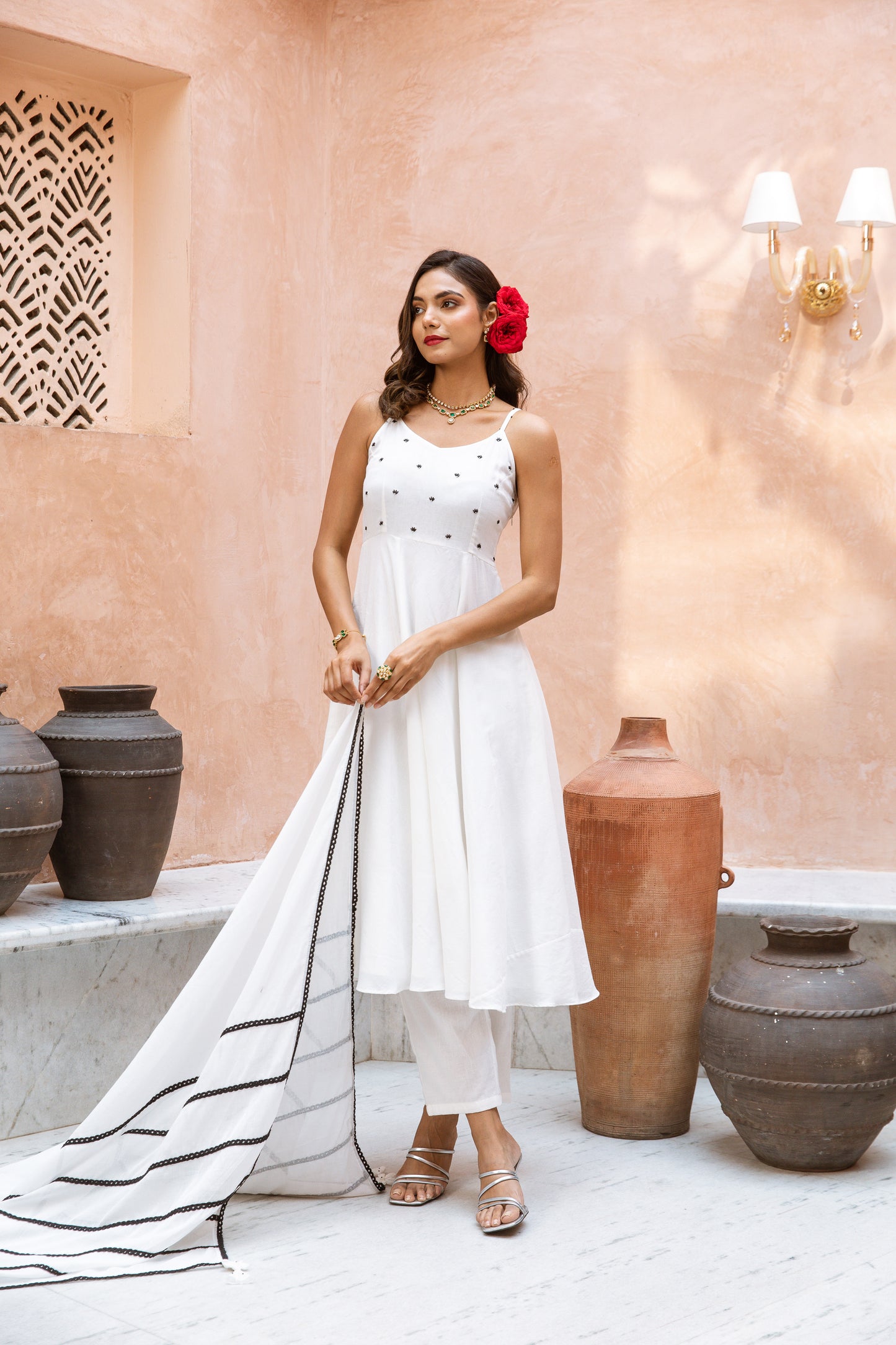 Thin Strap Anarkali White