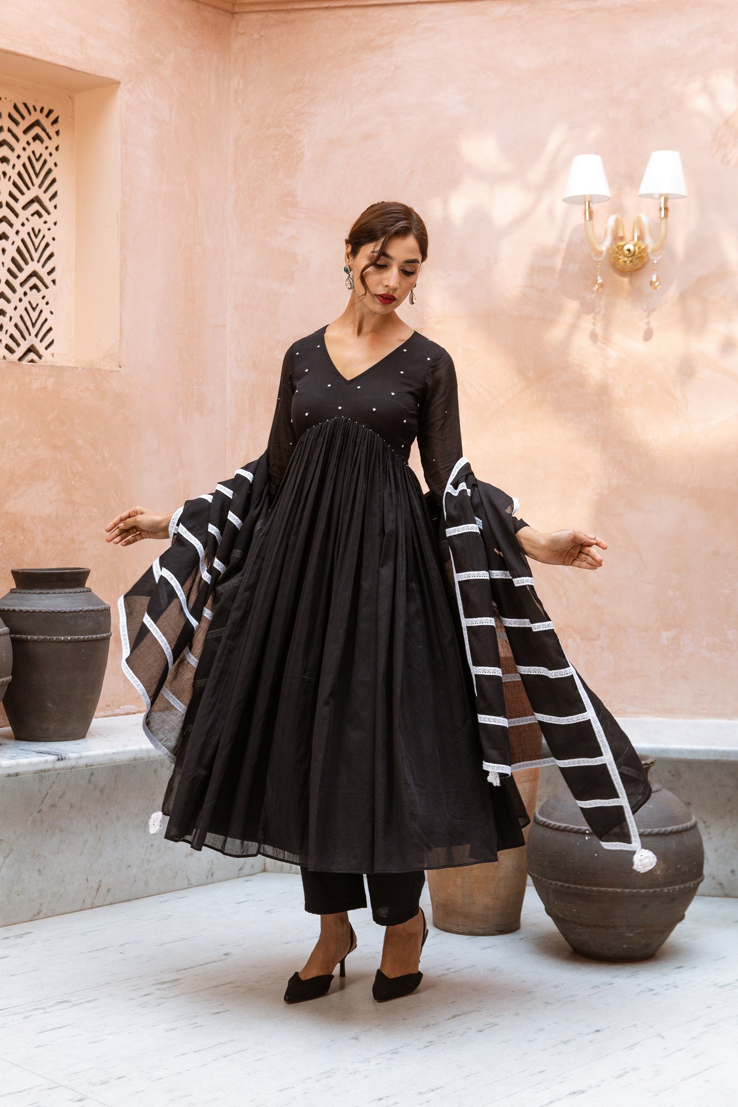 V Neck Anarkali Black