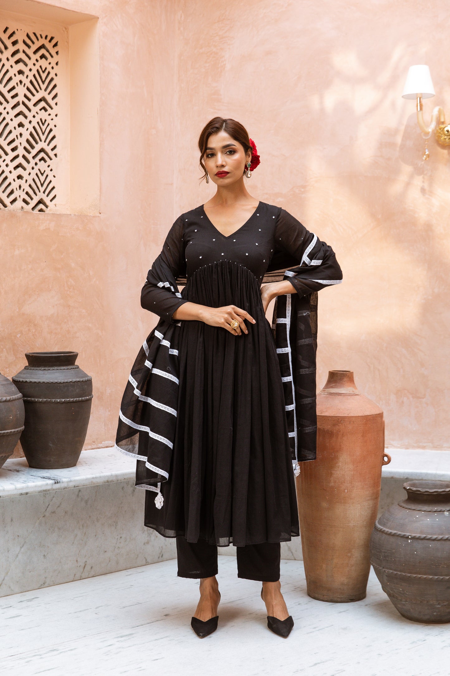 V Neck Anarkali Black