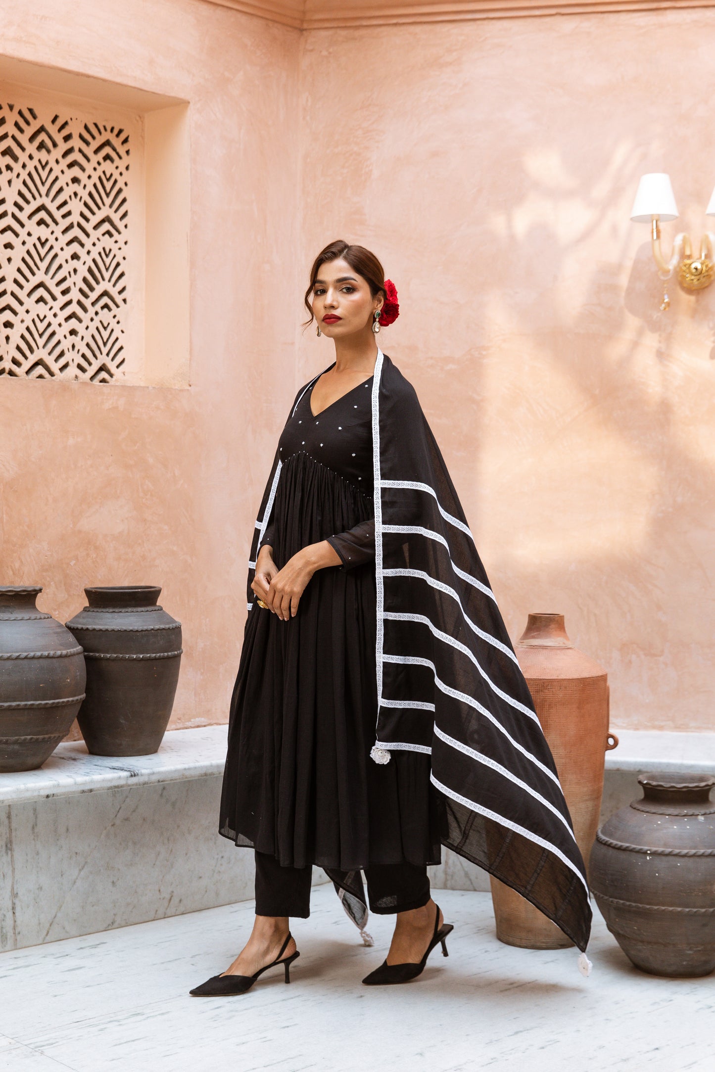 V Neck Anarkali Black