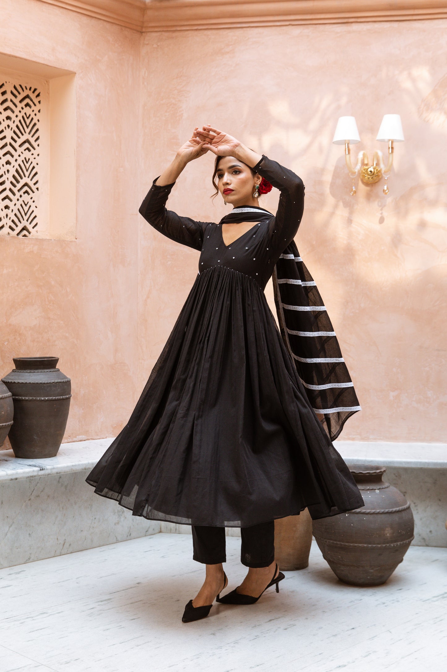V Neck Anarkali Black