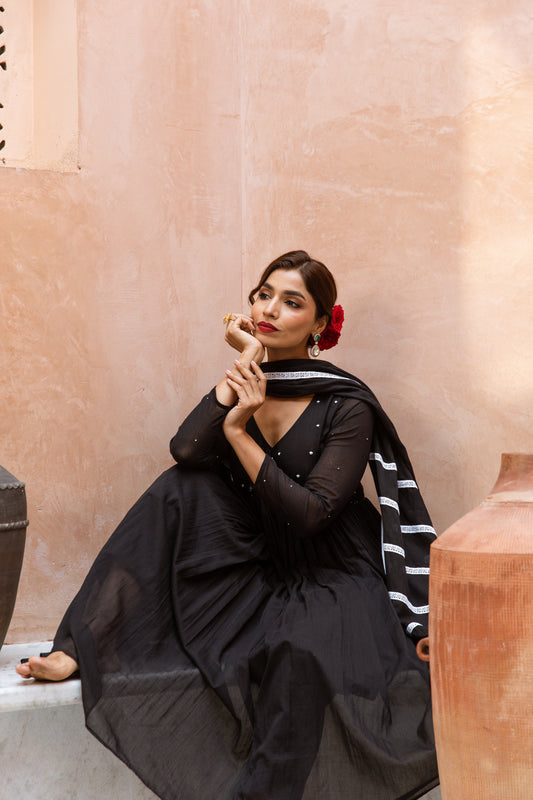 V Neck Anarkali Black