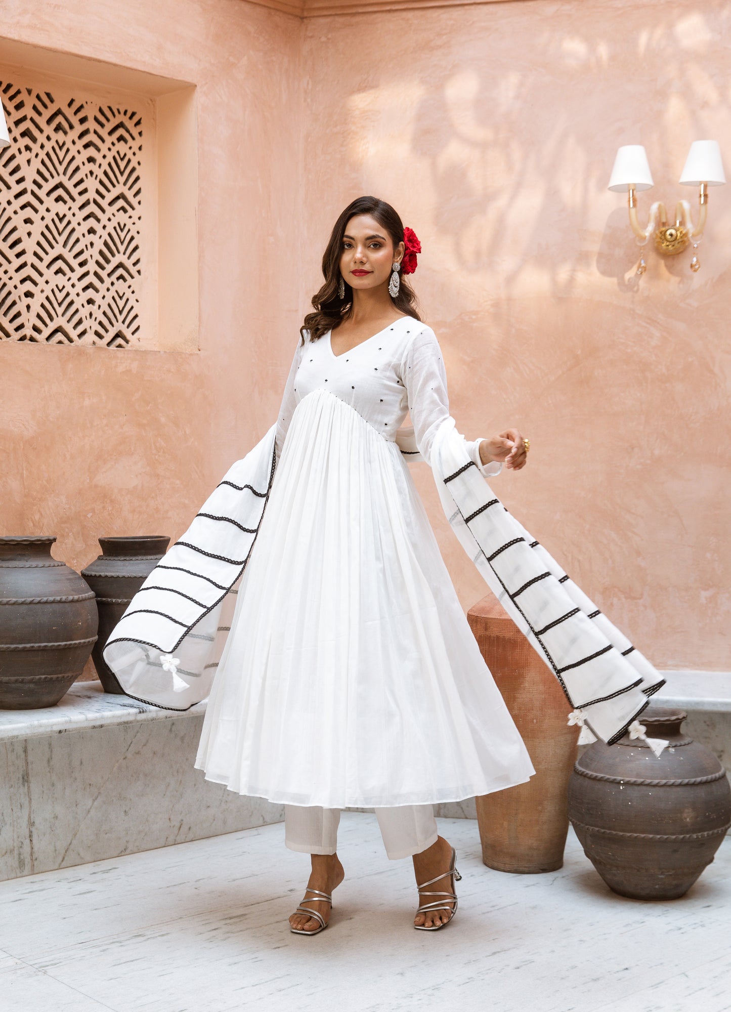 V Neck Anarkali White